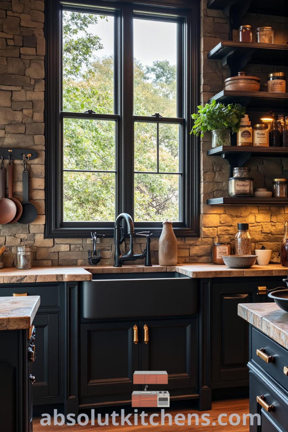 Rustic black kitchen with dark wooden cabinetry, stone backsplash, a farmhouse sink illuminated by sunlight, and vintage utensils, creating a cozy atmosphere for cooking in an inspiring home design. Visit fireplacesandwoodstoves.com for unique ideas and decor inspirations.