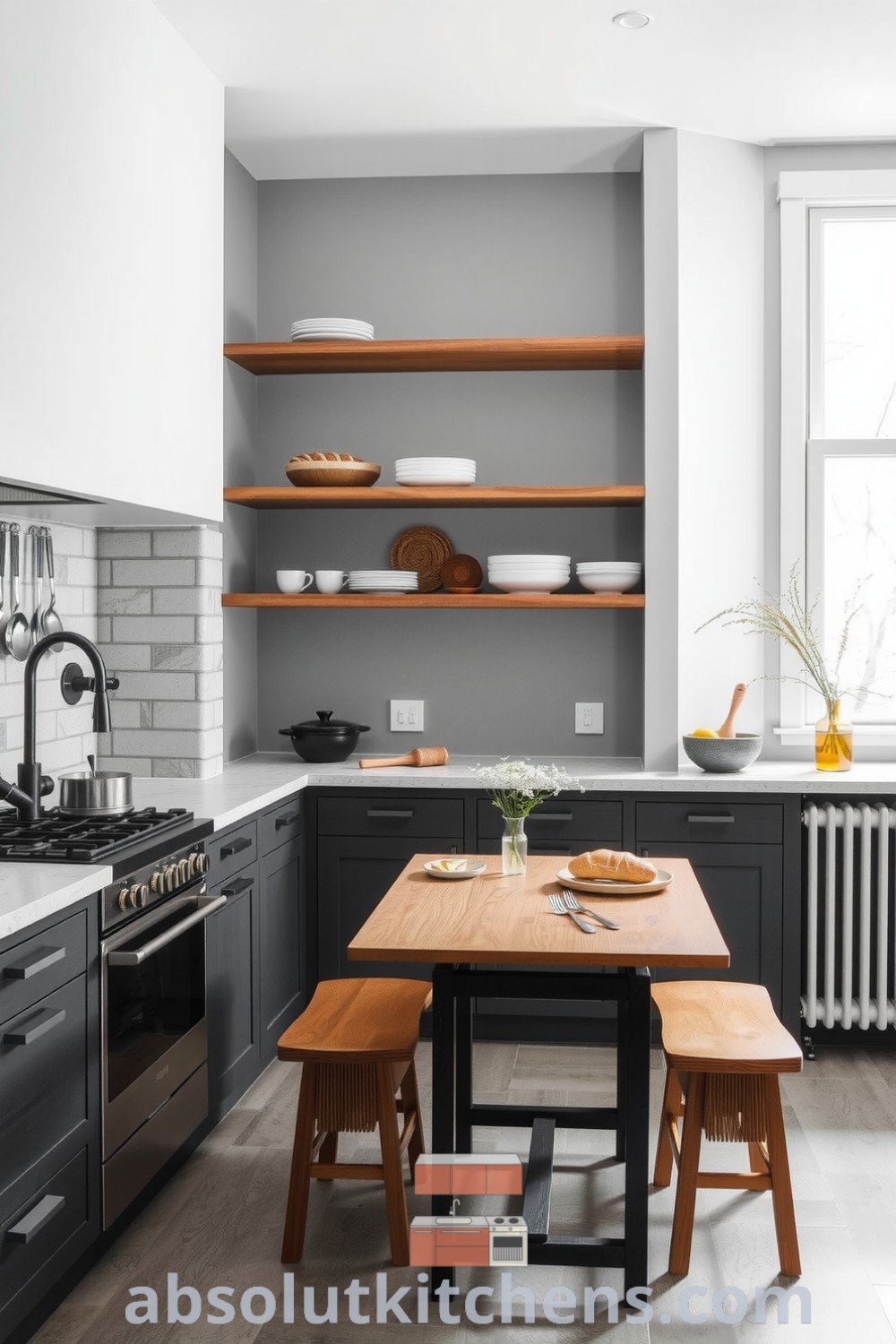 Minimalist kitchen with soft grey tones, warm wooden shelves, sleek metal fixtures, and handcrafted stone countertops, illuminated by natural light, inviting casual gatherings. Inspiring cozy ideas and design inspirations for your home at fireplacesandwoodstoves.com.