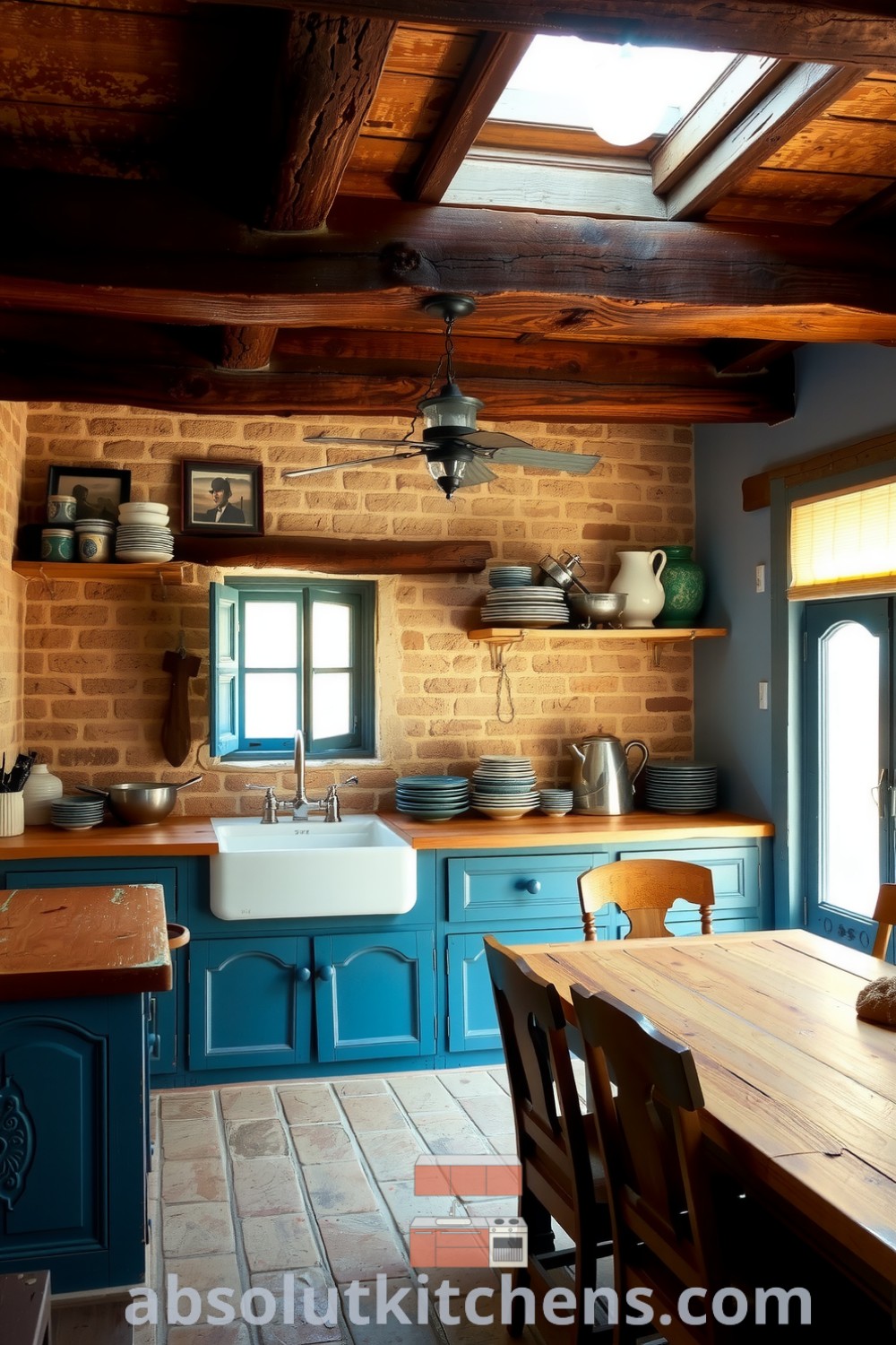 Cozy rustic kitchen featuring warm blue tones, wooden beams, farmhouse sink, rough-hewn countertops, and mismatched ceramic dishes, highlighting cozy aesthetic and design ideas for your home, from absolutkitchens.com.