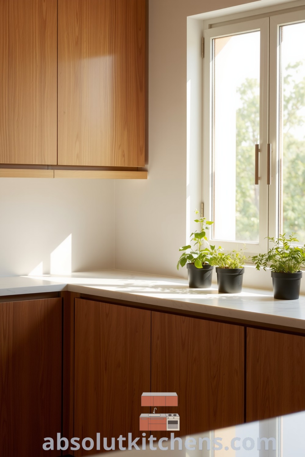 Minimalist kitchen featuring warm brown cabinetry, a marble countertop, and potted herbs on a window sill, creating a cozy and inviting atmosphere for culinary creativity and gatherings, with inspiring decor ideas for your home on fireplacesandwoodstoves.com.