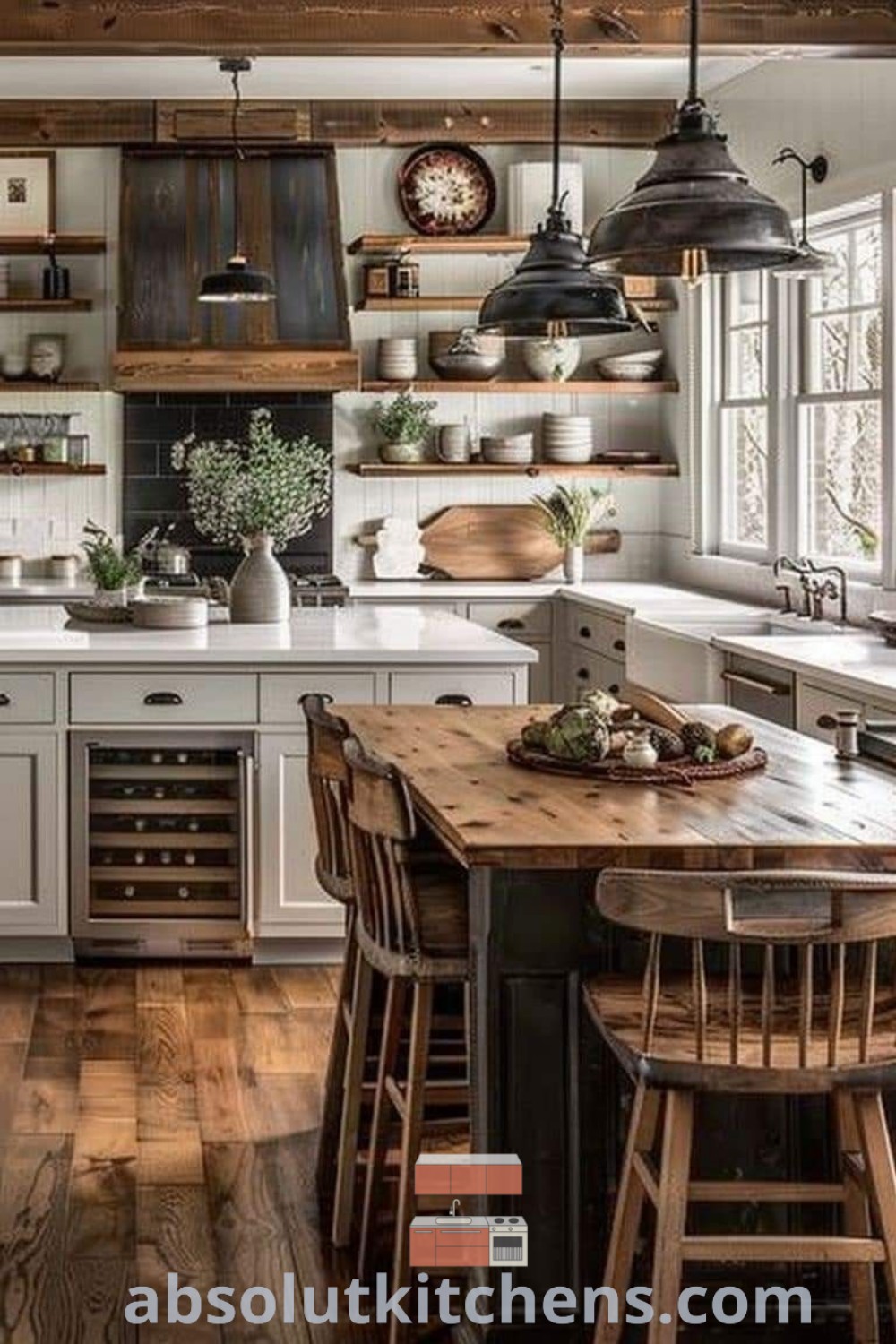 A rustic farmhouse kitchen island with seating, surrounded by a cozy kitchen featuring wooden floors and ample counter space, perfect for decorating ideas for small spaces. This inspiring design blends functionality with a warm aesthetic, providing tips for country kitchen ideas on absolutkitchens.com.