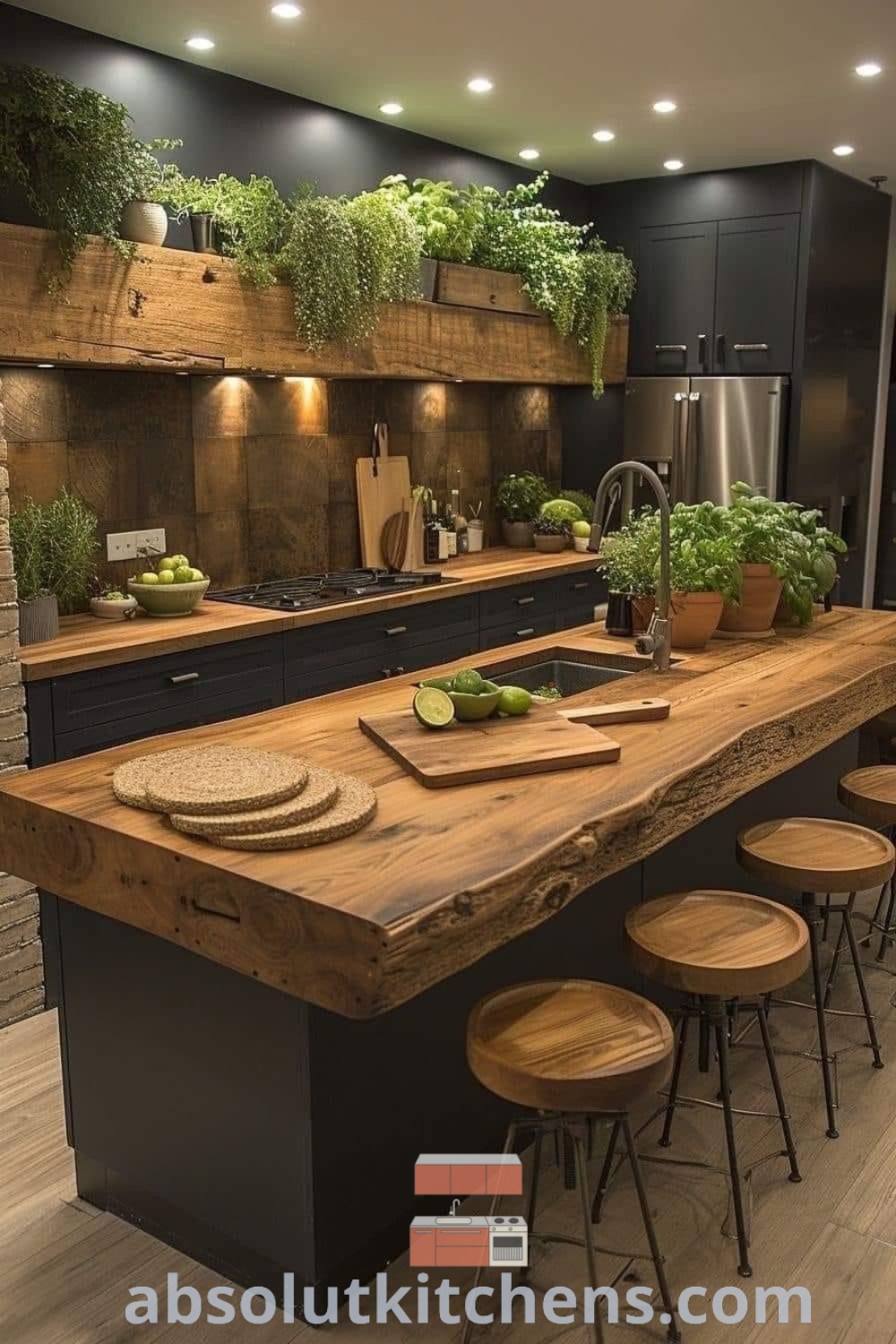A large rustic kitchen with wooden countertops, stools, and an island in the center, showcasing open shelving and natural wood elements. Ideal for unique home features and cozy aesthetics, this design inspires kitchen ideas for both houses and apartments. Discover more design trends at absolutkitchens.com.