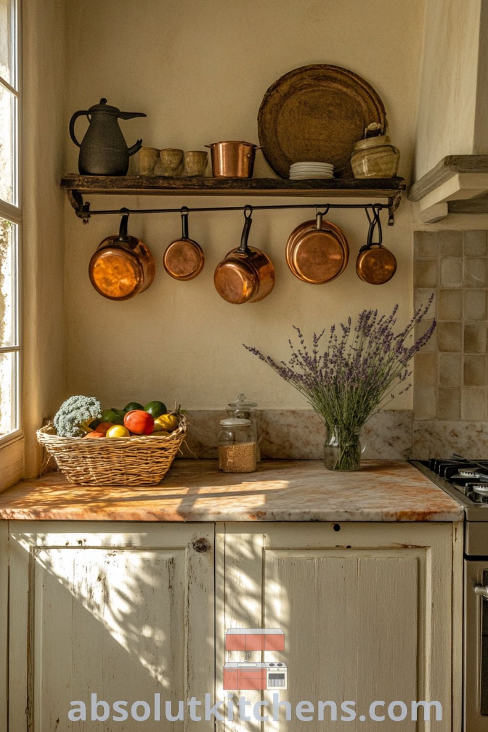 Charming French kitchen with rustic cabinetry and copper pots on absolutkitchens.com, offering ideas you need to see, cozy aesthetic, and design tips for a warm atmosphere.
