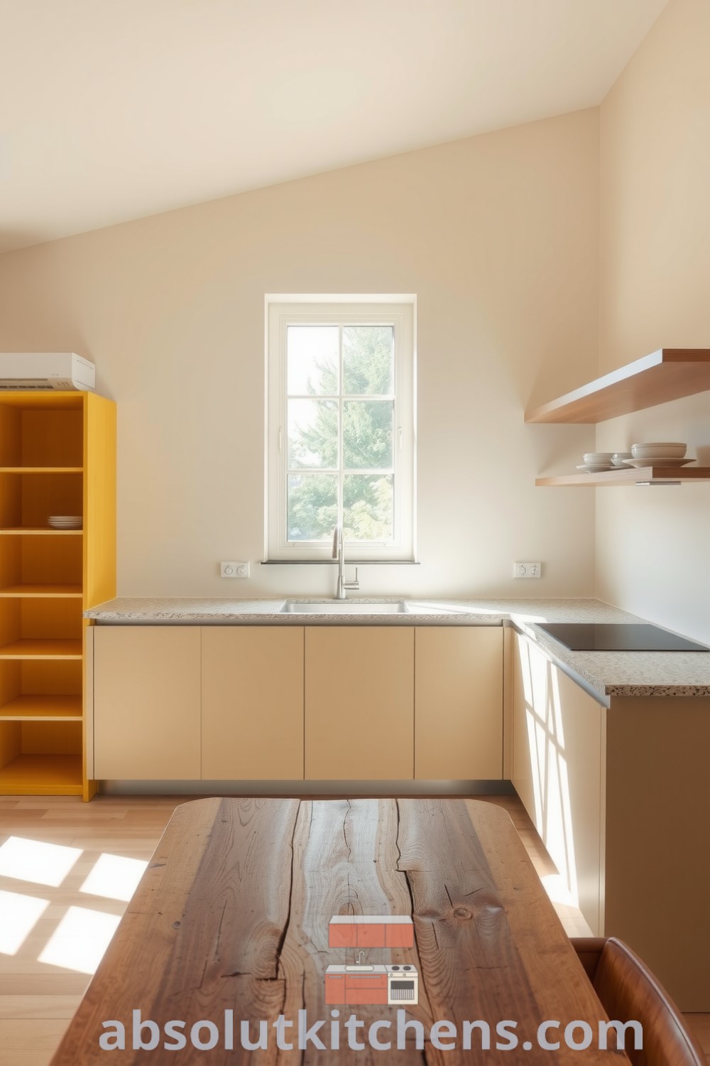 Minimalist kitchen design with yellow accents, matte cabinetry, a rough-hewn granite island, and a rustic wooden dining table, creating a cozy home atmosphere perfect for gatherings and everyday use. Explore more at fireplacesandwoodstoves.com for cozy ideas and decor inspirations.