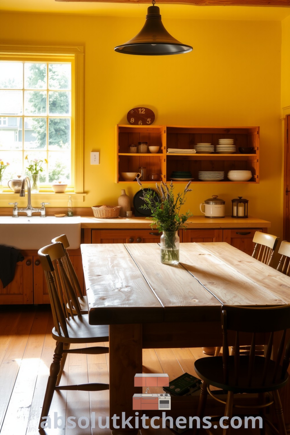 Cozy yellow farmhouse kitchen with rustic wooden cabinetry, reclaimed wood table, mismatched chairs, and a vintage farmhouse sink, offering warm decor ideas and inspiring designs for a welcoming home at absolutkitchens.com.
