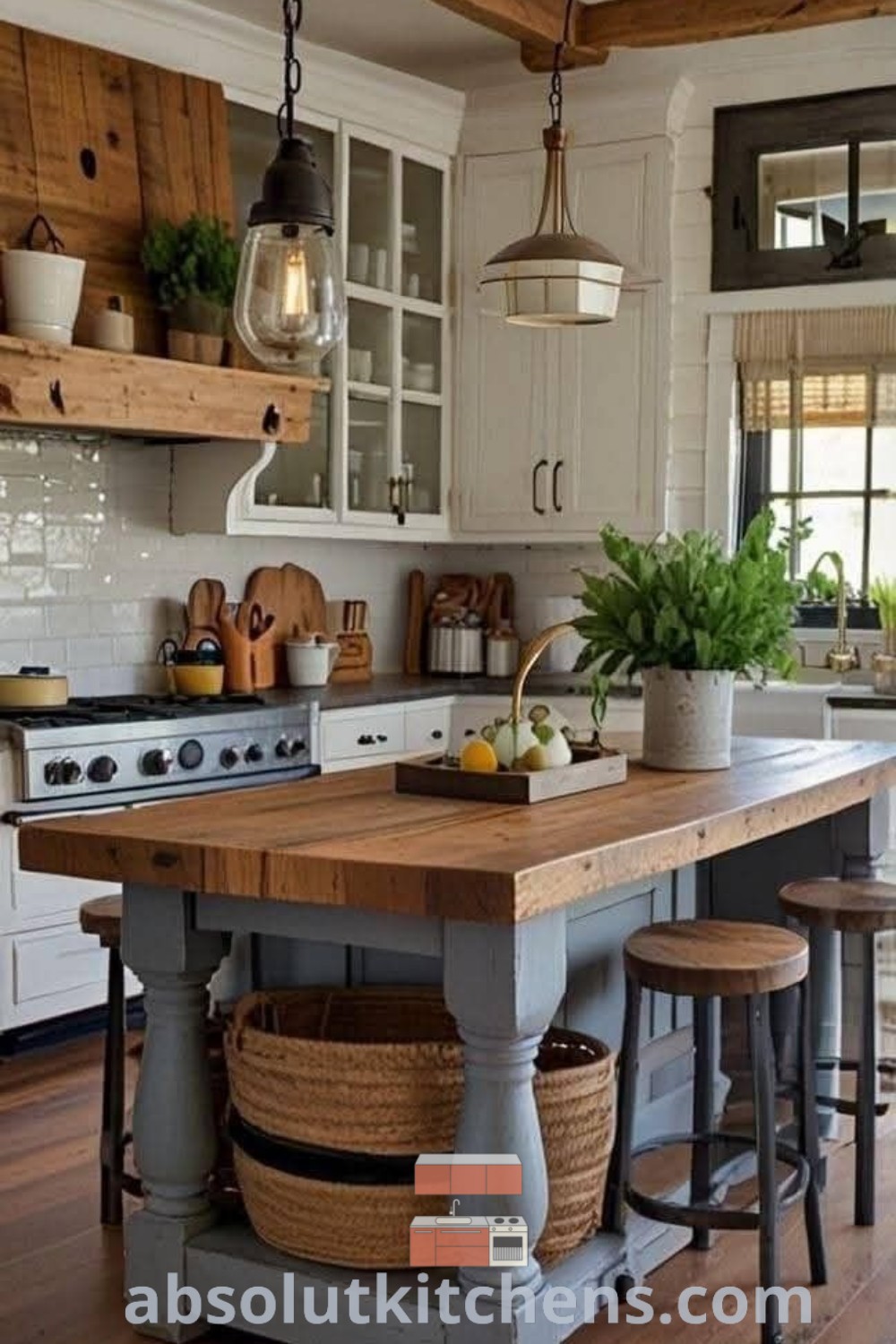 A large kitchen with a rustic kitchen island at its center, showcasing a cozy aesthetic perfect for farmhouse kitchen design enthusiasts. This scene inspires ideas for country kitchens and deck decorating, blending practicality and charm beautifully, featured on absolutkitchens.com.