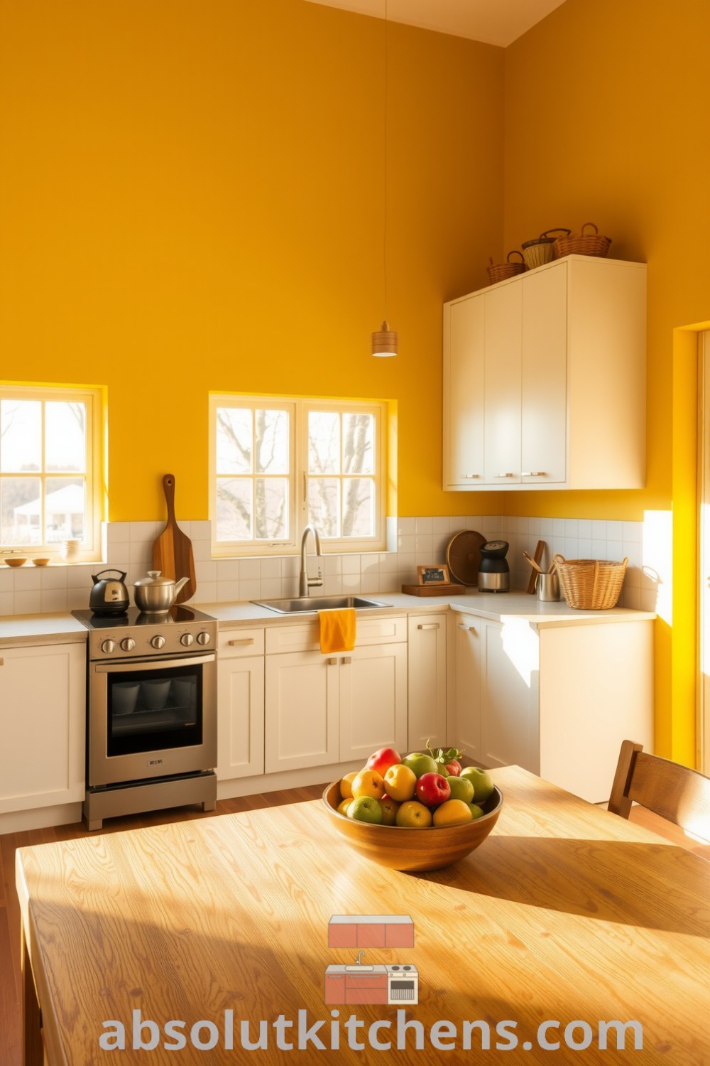 Bright yellow minimalist kitchen with white cabinetry, concrete countertops, and a wooden dining table, illuminated by sunlight. Decor ideas include a bowl of fresh fruits and woven baskets, creating a cozy home atmosphere perfect for culinary inspiration. Visit fireplacesandwoodstoves.com for unique ideas.