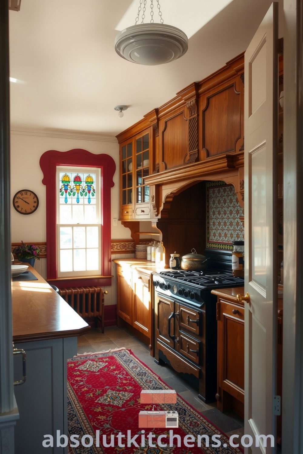 Cozy Victorian kitchen showcasing ornate woodwork, richly grained wooden cabinets filled with colorful glass jars, a rusted iron stove, and sunlight streaming through stained glass windows, offering decor ideas for creating a warm and inviting home atmosphere. Visit absolutkitchens.com for more inspirations.