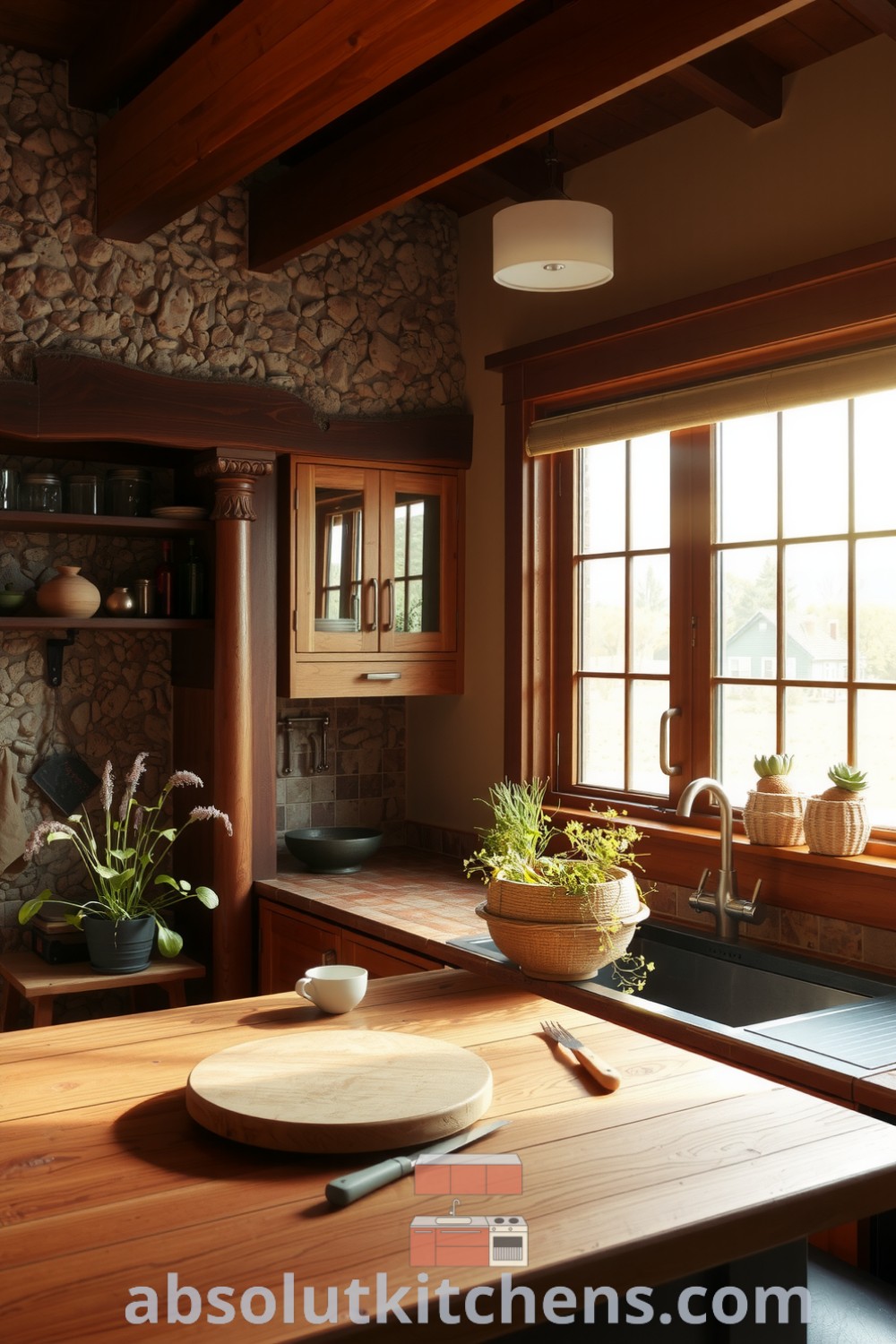 Cozy nature-inspired kitchen with sunlight filtering through large windows, showcasing a textured stone backsplash and reclaimed timber countertops. Includes flourishing potted herbs on the windowsill, creating an inviting atmosphere that emphasizes beauty and rustic allure. Ideas You Need to See for House or Apartment at absolutkitchens.com.