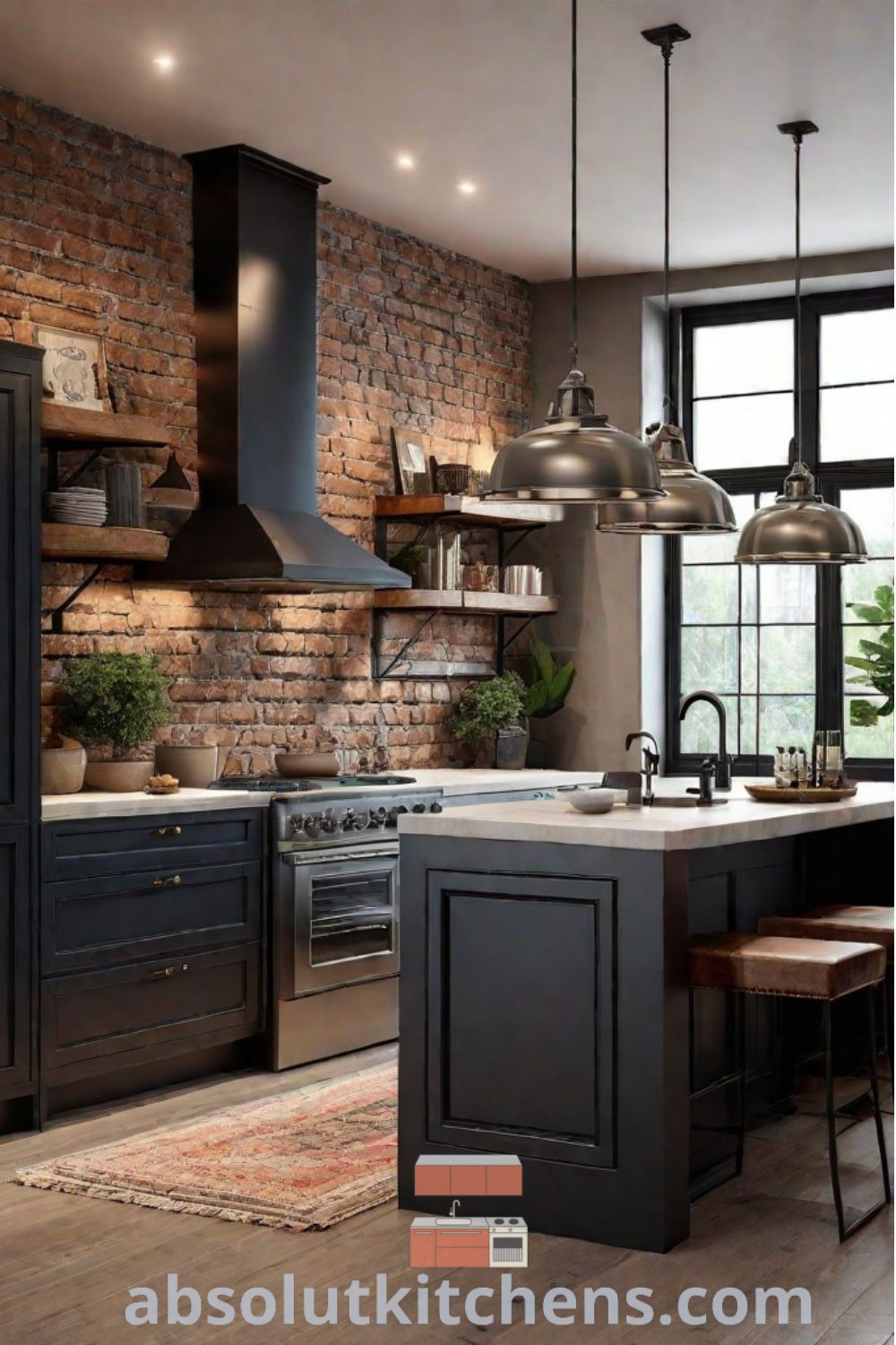 An inviting industrial kitchen with brick walls, wooden floors, and an island countertop illuminated by pendant lights. This cozy home design integrates black cabinets and a brick backsplash, making it an inspiring space for cooking and entertaining. Discover more unique ideas for your home at wellnesswink.com.