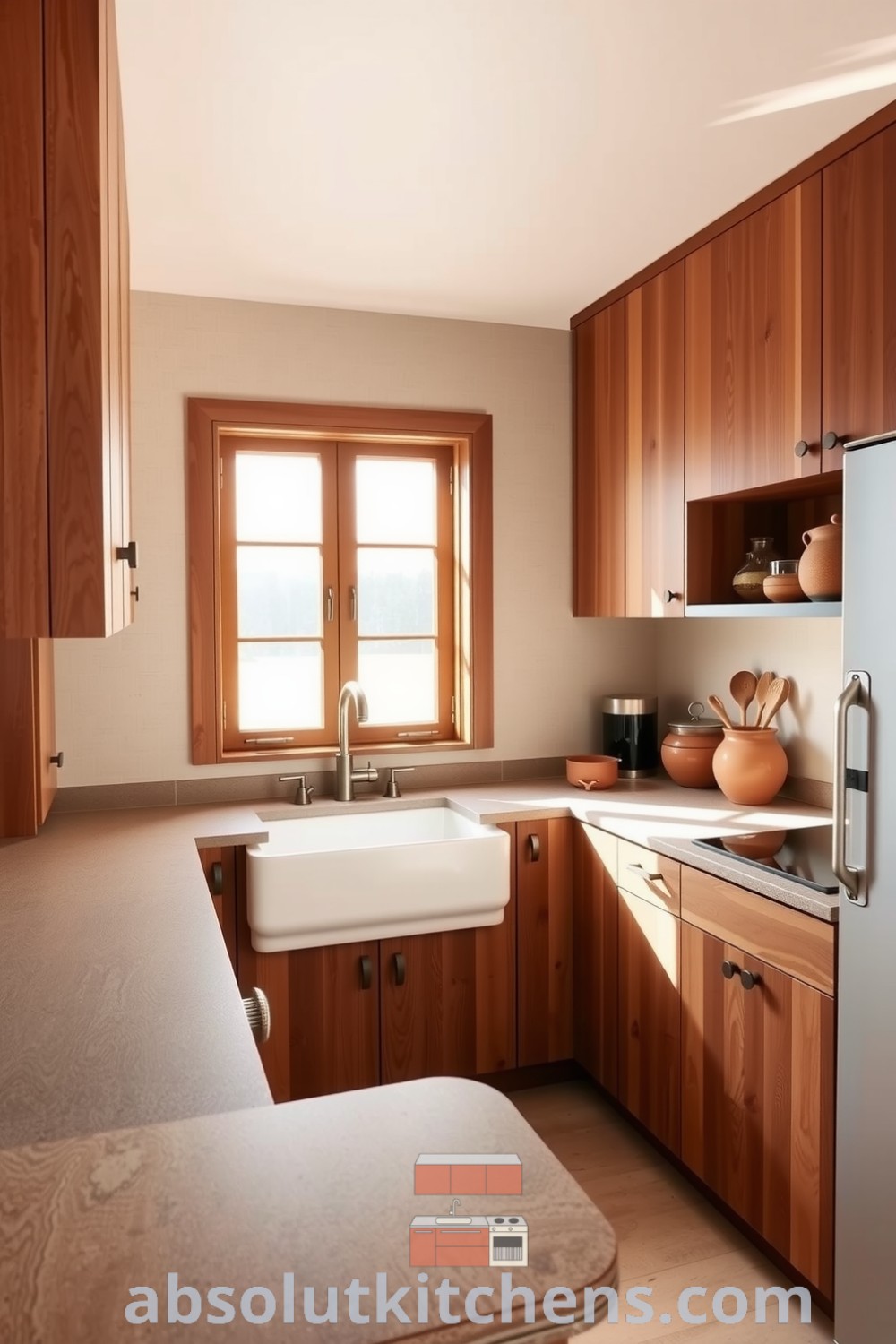 Minimalist kitchen with warm brown tones, showcasing wooden cabinetry, a farmhouse sink, and stone countertops. The design features clay pots and wooden utensils, creating cozy ideas for your home, inspired by fireplacesandwoodstoves.com.