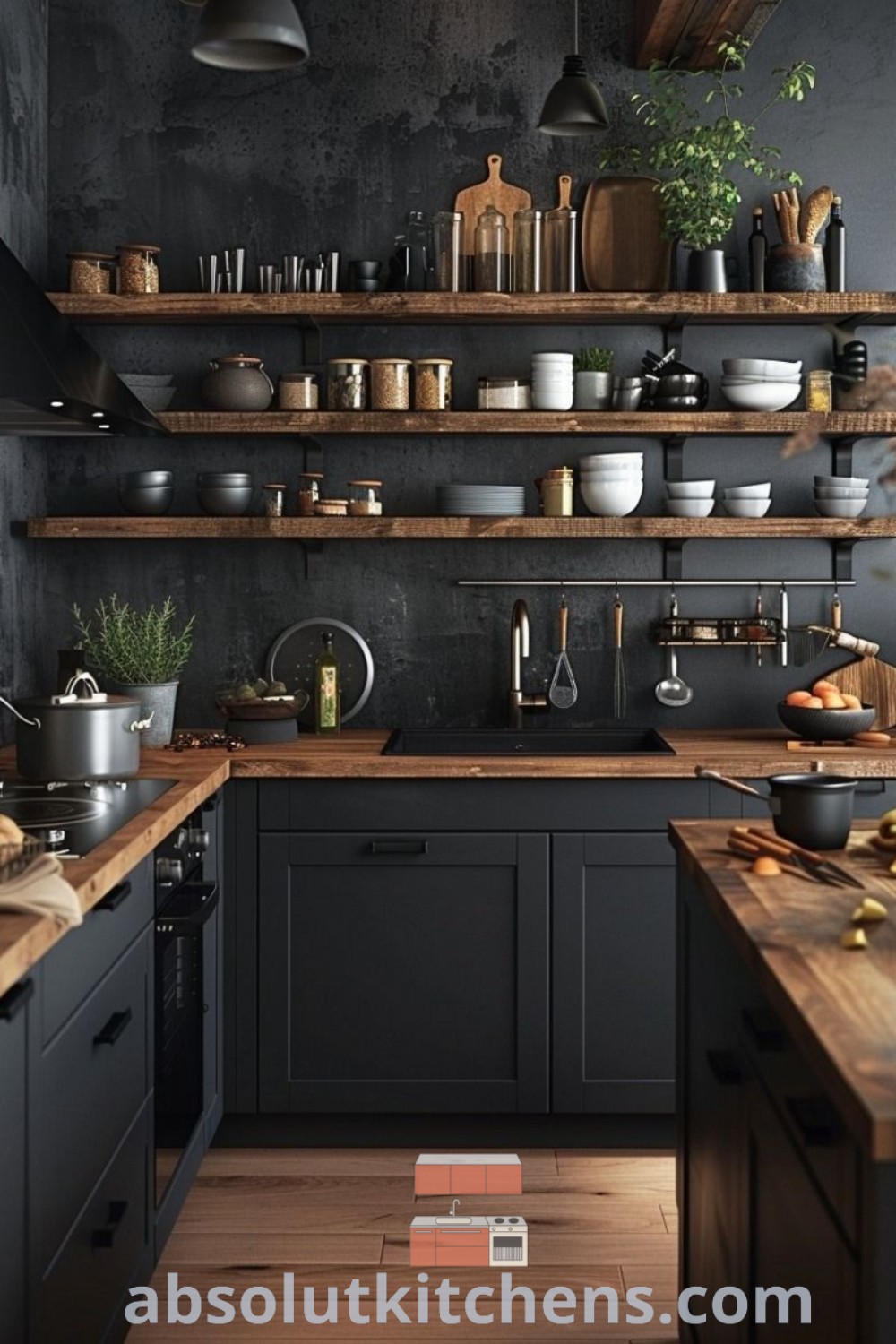 A spacious kitchen with black cabinets and dark brown countertops, complemented by rustic wooden shelves, creating a cozy atmosphere. This dark masculine kitchen showcases the black kitchen aesthetic with design ideas perfect for a stylish and functional home. Explore more decor inspirations at wellnesswink.com.