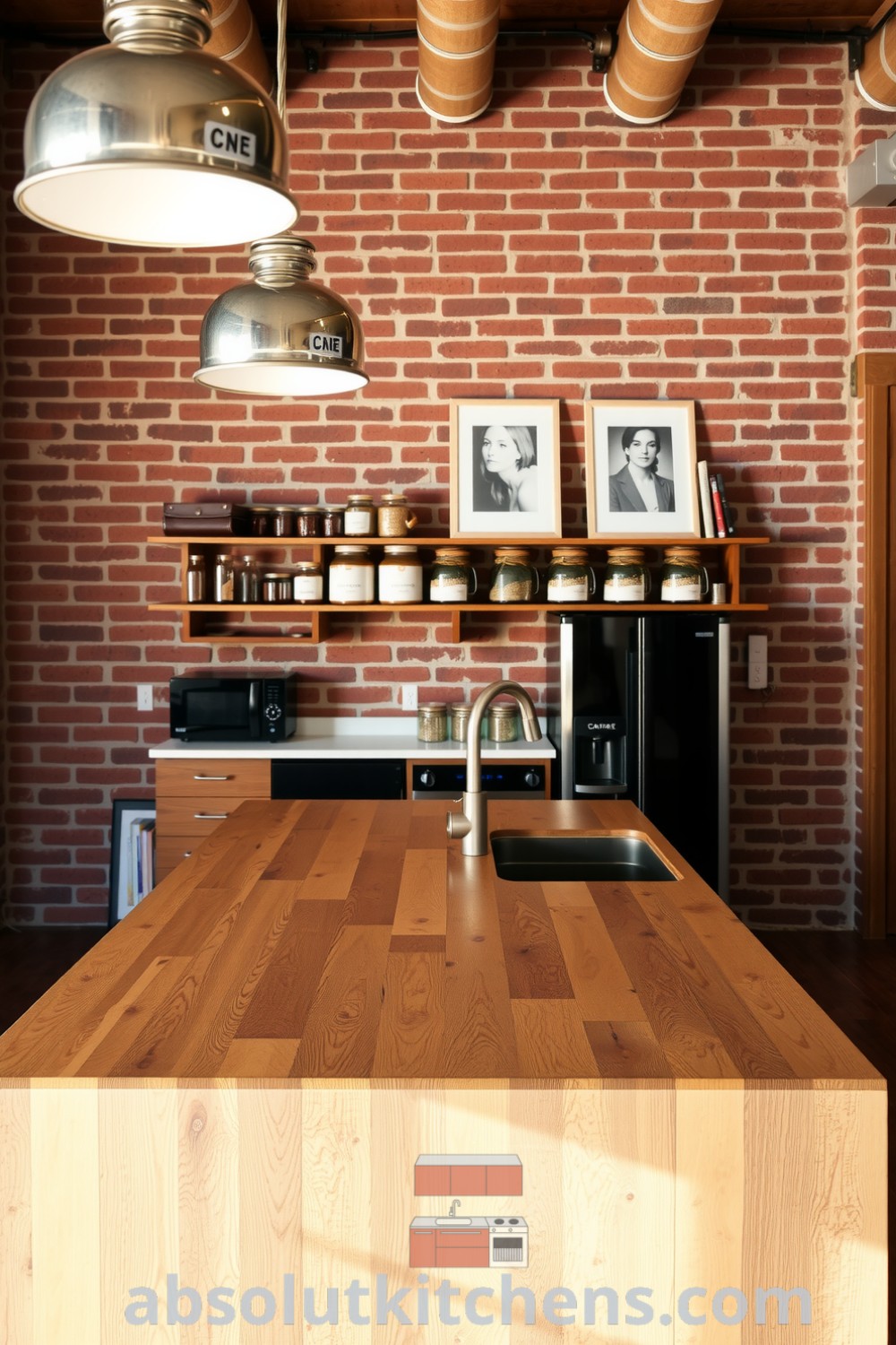 Cozy loft kitchen featuring warm brown tones, exposed brick walls, a reclaimed wood island, and soft metal light fixtures, with curated shelves of glass jars and cookbooks, offering inspiring decor ideas for your home at fireplacesandwoodstoves.com.