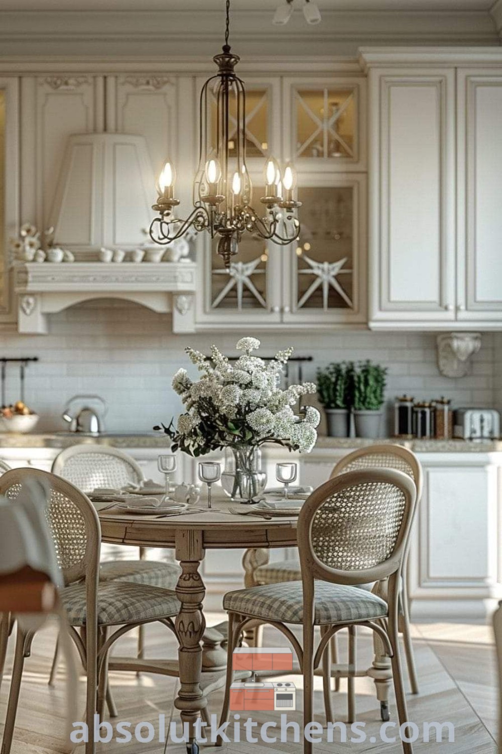 A cozy dining room with a table, chairs, and a chandelier, showcasing French Provincial style. This space highlights the beauty of Country French dining room ideas, perfect for those seeking decor trends that inspire a warm and inviting environment. For more decor ideas for small spaces, visit absolutkitchens.com.