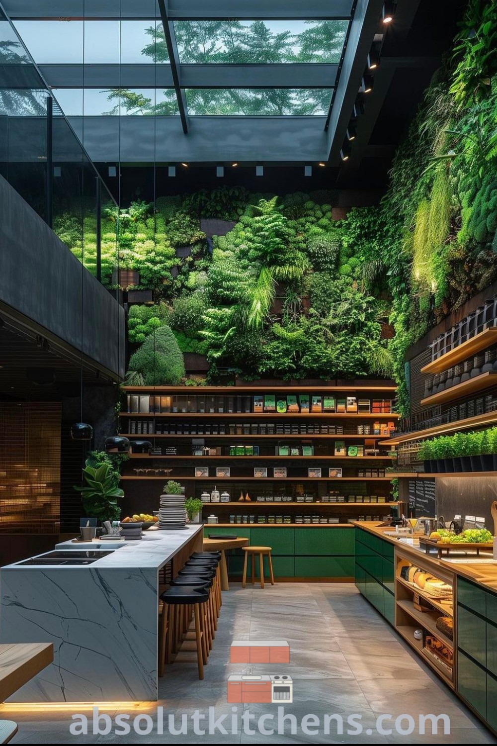 An indoor kitchen filled with green plants growing on the walls and ceiling, alongside elegant countertops promoting a cozy and inspiring atmosphere. This greenhouse restaurant design embodies nature resort vibes, perfect for those seeking tropical kitchen ideas. Visit absolutkitchens.com for more decor ideas for small spaces.