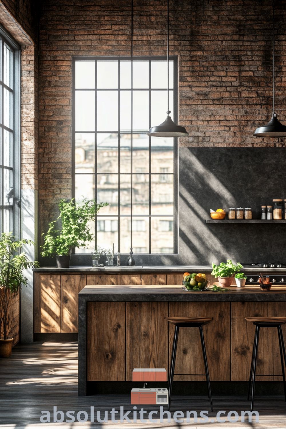 Cozy loft kitchen design on absolutkitchens.com featuring metal fixtures, warm wood accents, and decor ideas for small spaces.
