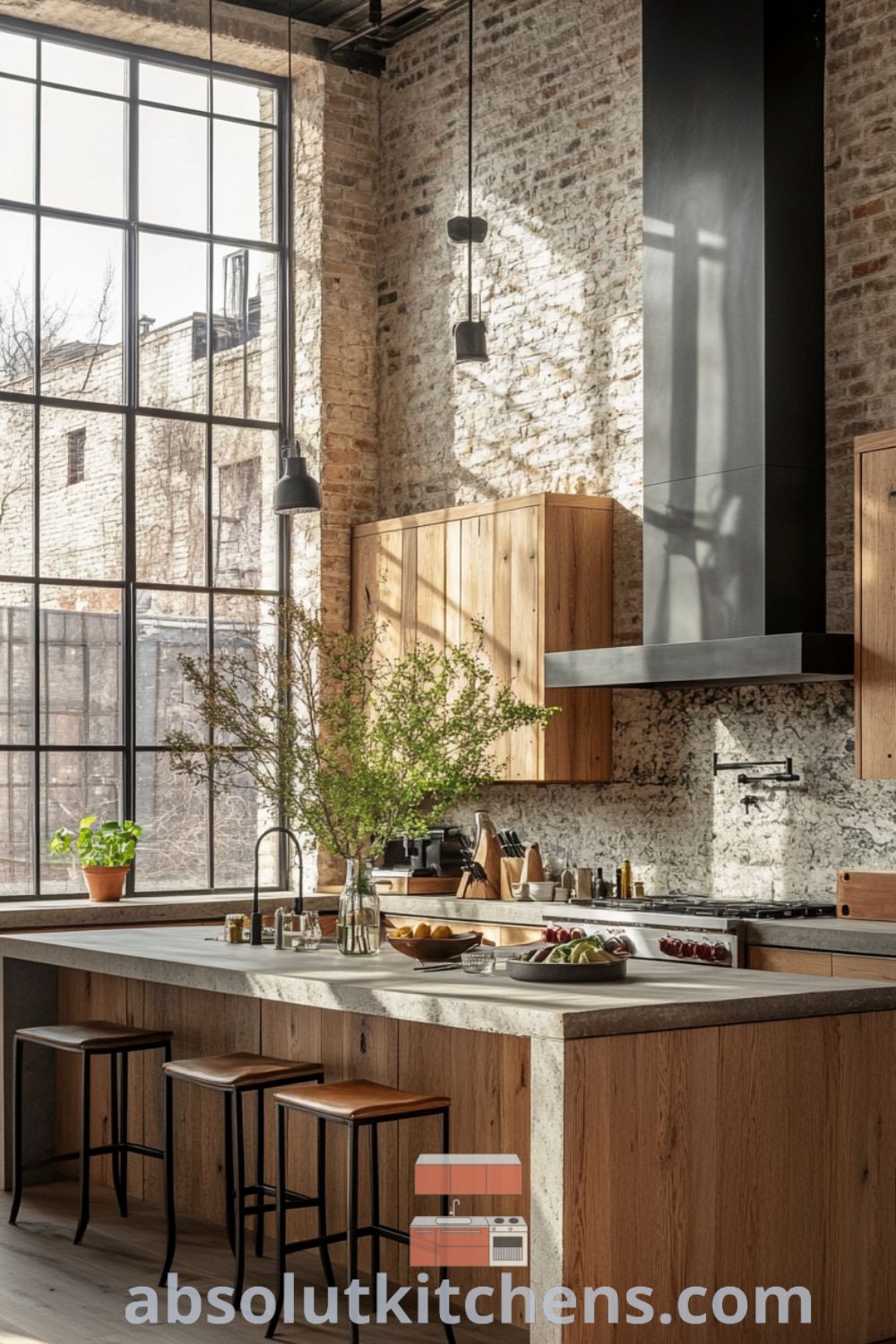 Cozy Urban Loft Kitchen design on absolutkitchens.com featuring warm wooden cabinetry, stylish metal accents, and inviting atmosphere perfect for entertaining in a kitchen loft.