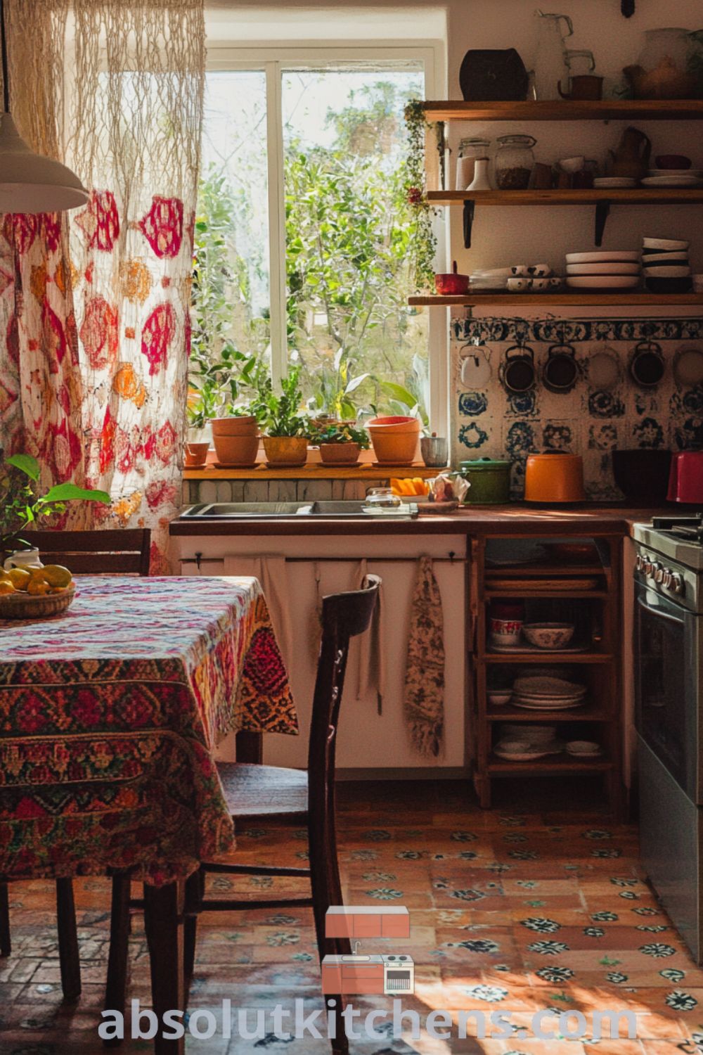Bohemian Kitchen design on absolutkitchens.com featuring vibrant textiles, cozy kitchen ideas, and eclectic decor elements.