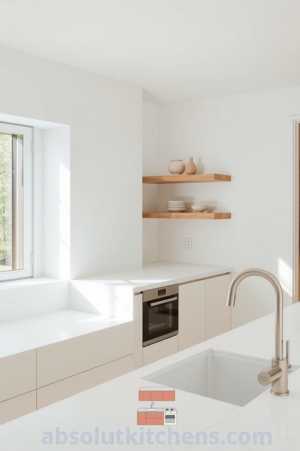 Minimalist kitchen with white surfaces, natural light, smooth cabinetry, and light stone countertop, featuring ceramic decor and a stainless steel faucet, creating cozy ideas for home decor inspirations and unique design ideas from fireplacesandwoodstoves.com.