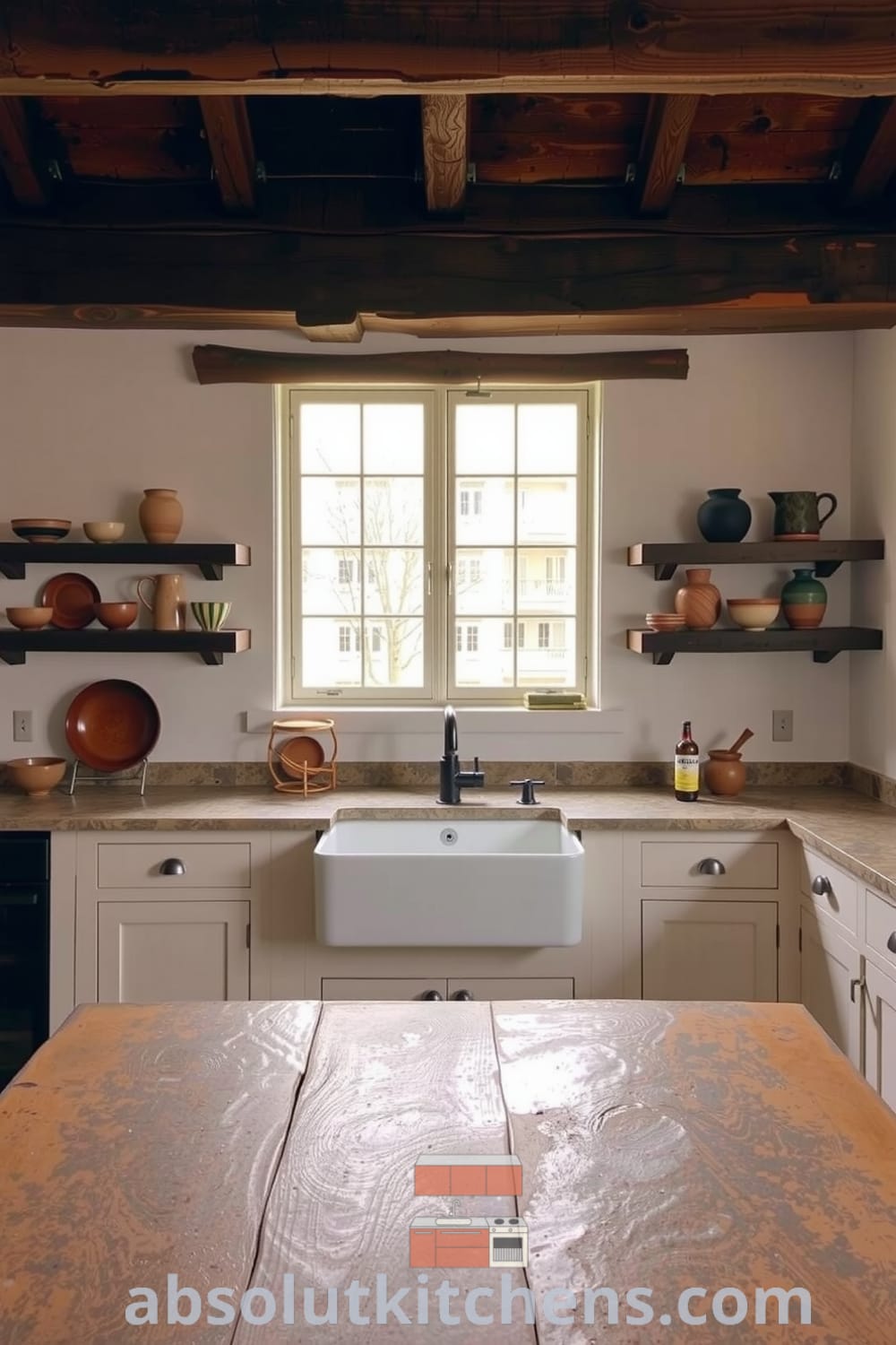 Cozy kitchen design featuring whitewashed walls, dark wooden beams, weathered stone countertops, a farmhouse sink, and hand-thrown pottery, showcasing inspiring decor ideas for a cozy home at fireplacesandwoodstoves.com.