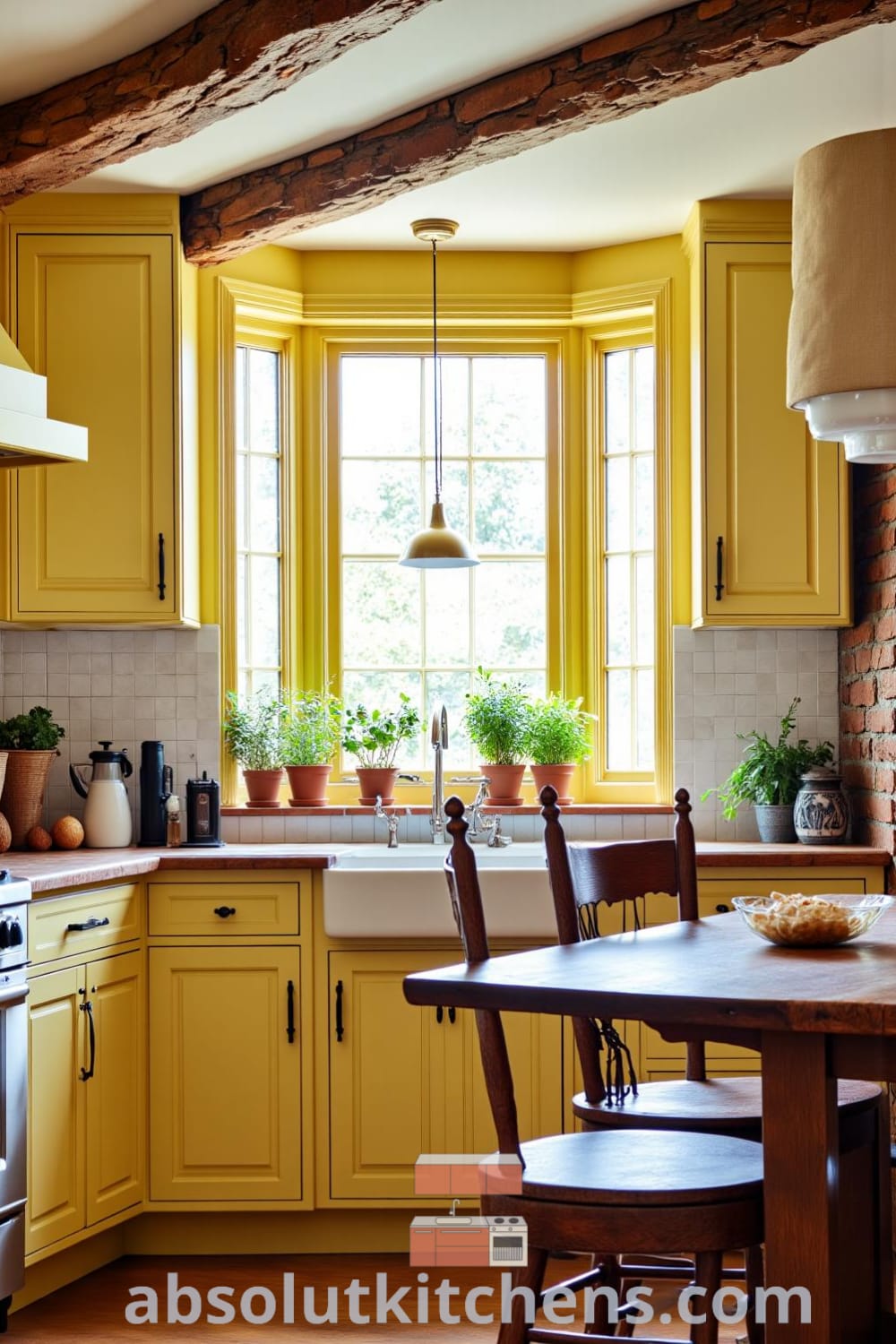 Cozy rustic kitchen with soft yellow walls, timeworn wooden cabinets, and a sturdy oak table surrounded by mismatched chairs, exuding warmth and culinary creativity, featuring herbs in earthen pots and the aroma of freshly baked bread, ideal for cozy home design ideas at fireplacesandwoodstoves.com.