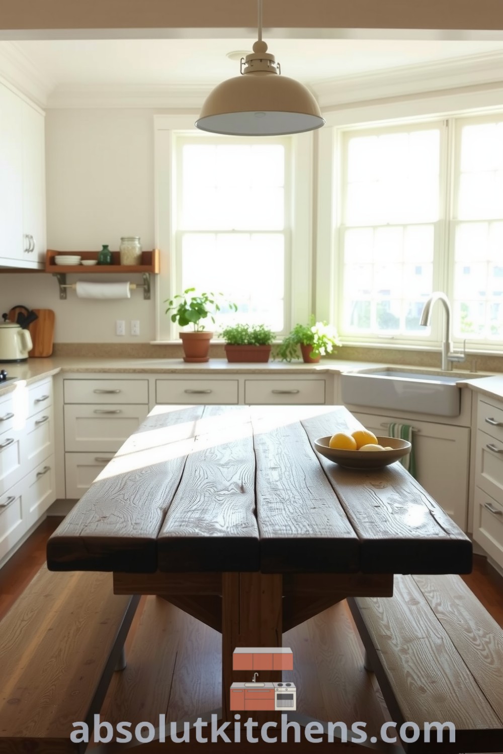Cozy farmhouse kitchen featuring white cabinets, rough stone countertops, a rustic wooden dining table, and potted herbs on the windowsill, creating a bright and welcoming space. Visit absolutkitchens.com for inspiring decor ideas.