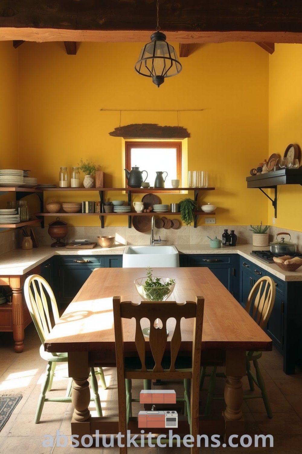 Cozy rustic kitchen featuring sun-kissed yellow walls, wooden beams, a farmhouse table, mismatched chairs, and shelves with earthenware and glass jars, providing warm design ideas and inviting decor inspirations for your home at absolutkitchens.com.