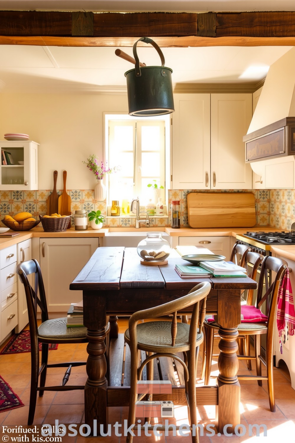 Cozy French kitchen with soft cream walls, colorful hand-painted tiles, a wooden table, and mismatched chairs, creating a warm and inviting atmosphere, perfect for familial gatherings and homey comfort at absolutkitchens.com.