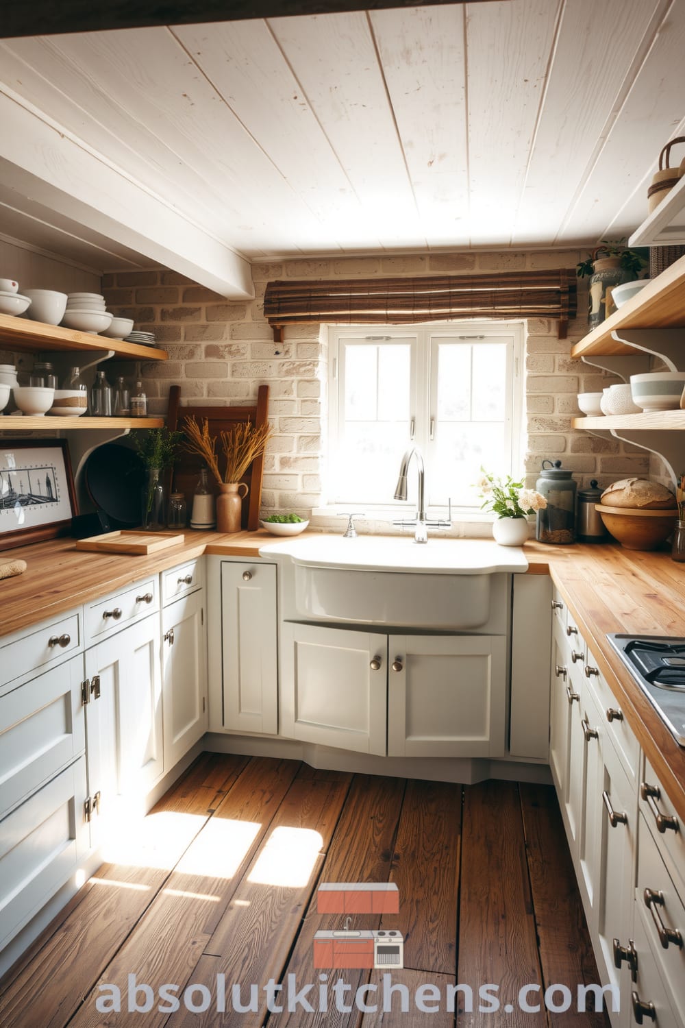 Rustic kitchen design featuring worn wooden surfaces, weathered stone walls, a farmhouse sink, and open shelves with ceramic bowls, creating a cozy home atmosphere perfect for inspiring decor ideas and unique designs. Visit fireplacesandwoodstoves.com for more inspiring ideas.