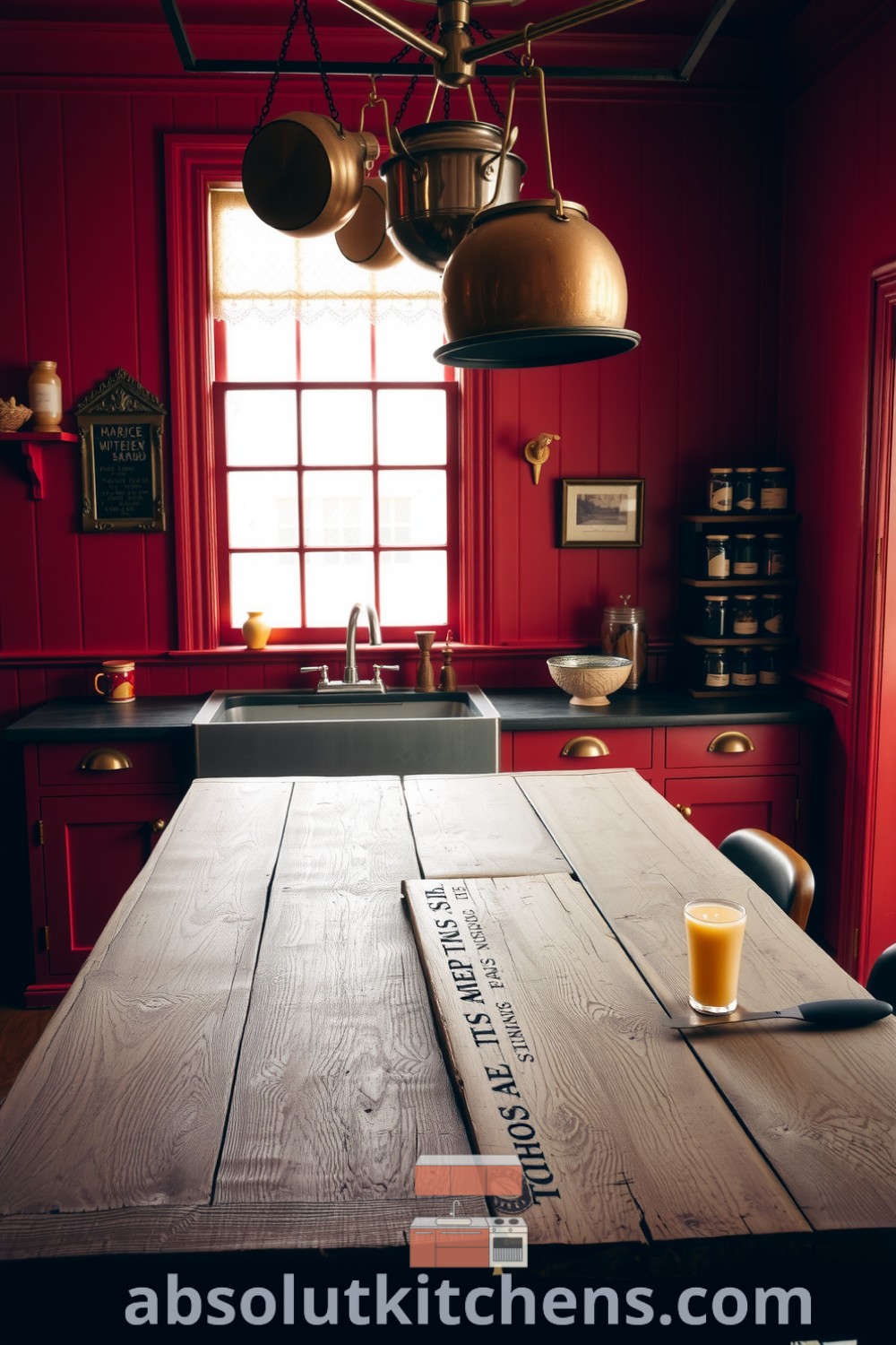 Cozy Victorian kitchen featuring deep crimson walls, a weathered wooden table, gleaming copper pots, and jars of spices, creating a warm and inviting atmosphere for your home. For more unique ideas, visit absolutkitchens.com.
