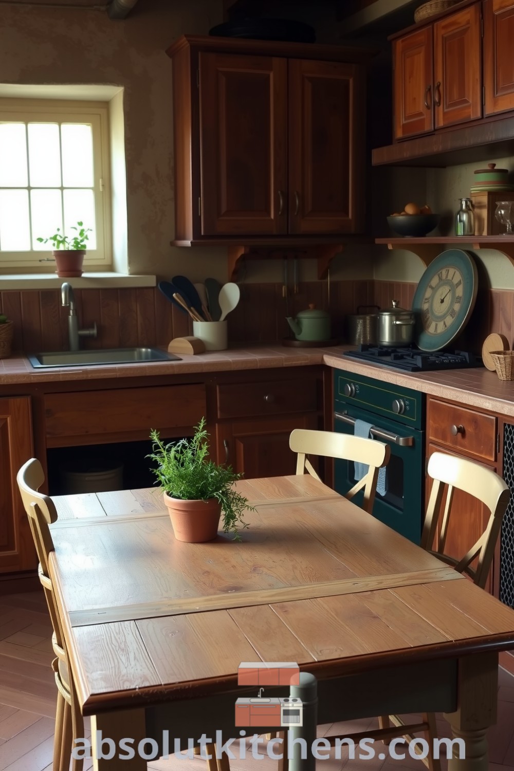 Cozy French kitchen featuring warm earth tones, aged wooden cabinets, stone countertops, and fresh herbs in a clay pot, offering design ideas for a welcoming and inspiring home atmosphere. Visit absolutkitchens.com for more decor inspirations.