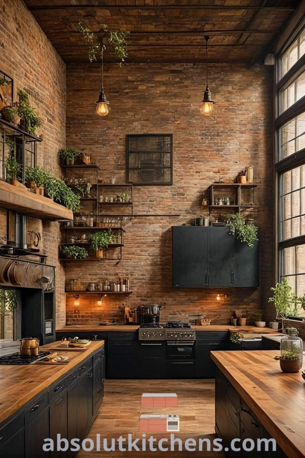 An industrial style kitchen with brick walls, black cabinets, and wooden counters featuring open shelving, creating a cozy aesthetic. This kitchen design offers functional decor ideas, inspiring elements for apartments or houses. Find more design trends at absolutkitchens.com.