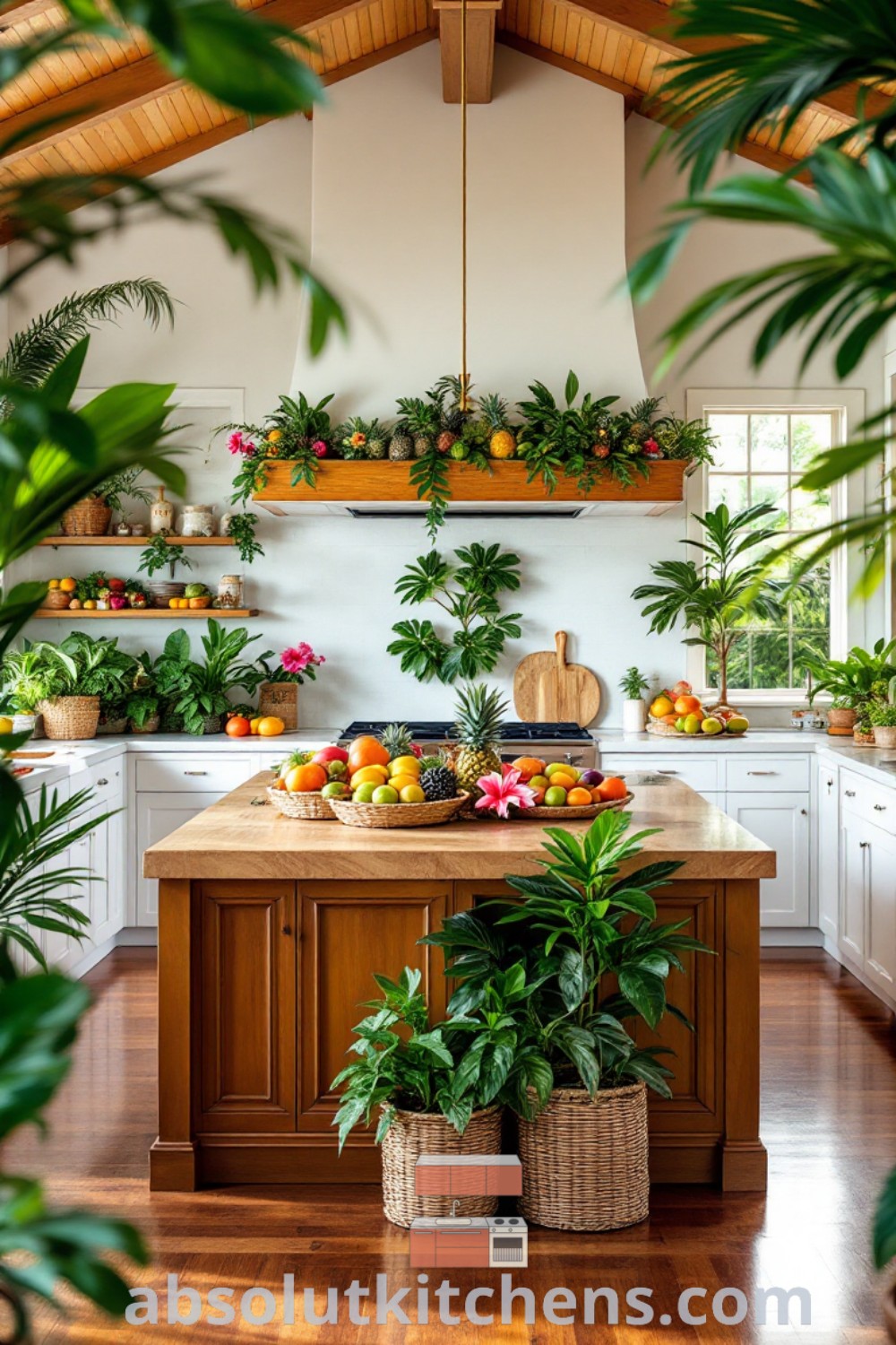 A tropical kitchen filled with potted plants, flowers on the kitchen island, and fresh fruit on a wooden counter, showcasing Caribbean decor and tropical house interior design. This inviting space offers cozy aesthetic ideas for house or apartment, perfect for bringing island vibes to your home. Find more decor inspiration at absolutkitchens.com.