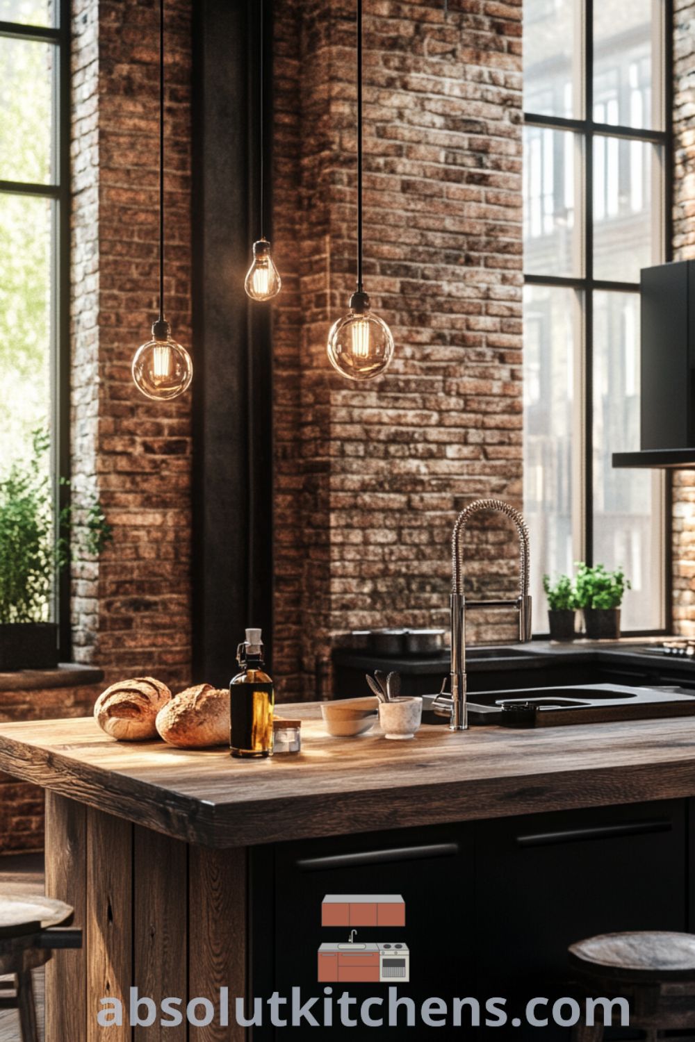 Industrial kitchen design featuring metal accents, warm cabinetry, and reclaimed wood island on absolutkitchens.com along with cozy aesthetic and inspiring decor ideas for house or apartment.