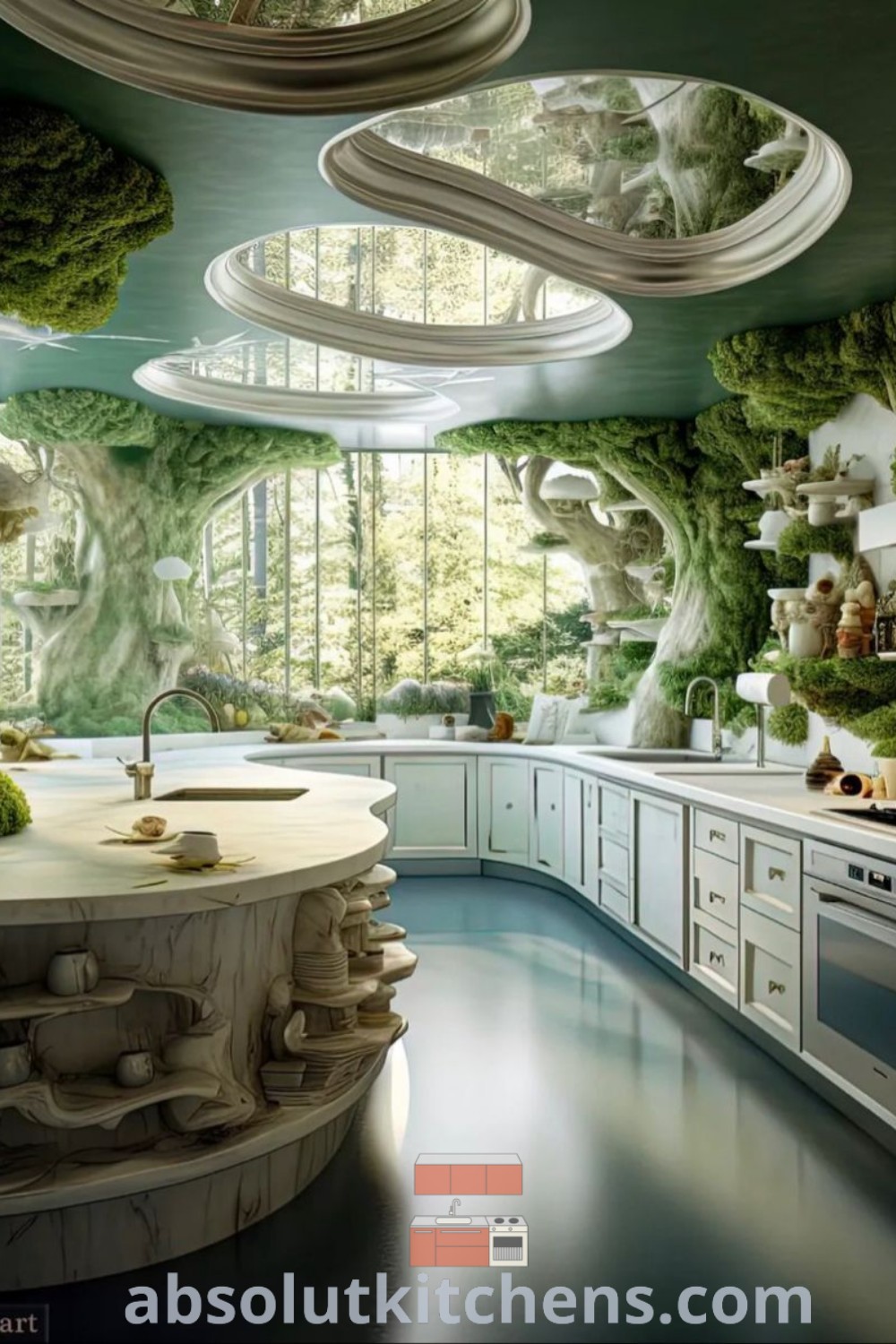 An artistic kitchen with trees on the walls and ceiling, surrounded by white cabinets, showcasing Natural Gothic Decor and Fantasy Living Room Concept Art. This whimsical space highlights biophilia aesthetics, perfect design tips for cozy homes, and decor ideas for small spaces. Find more inspirations at absolutkitchens.com.