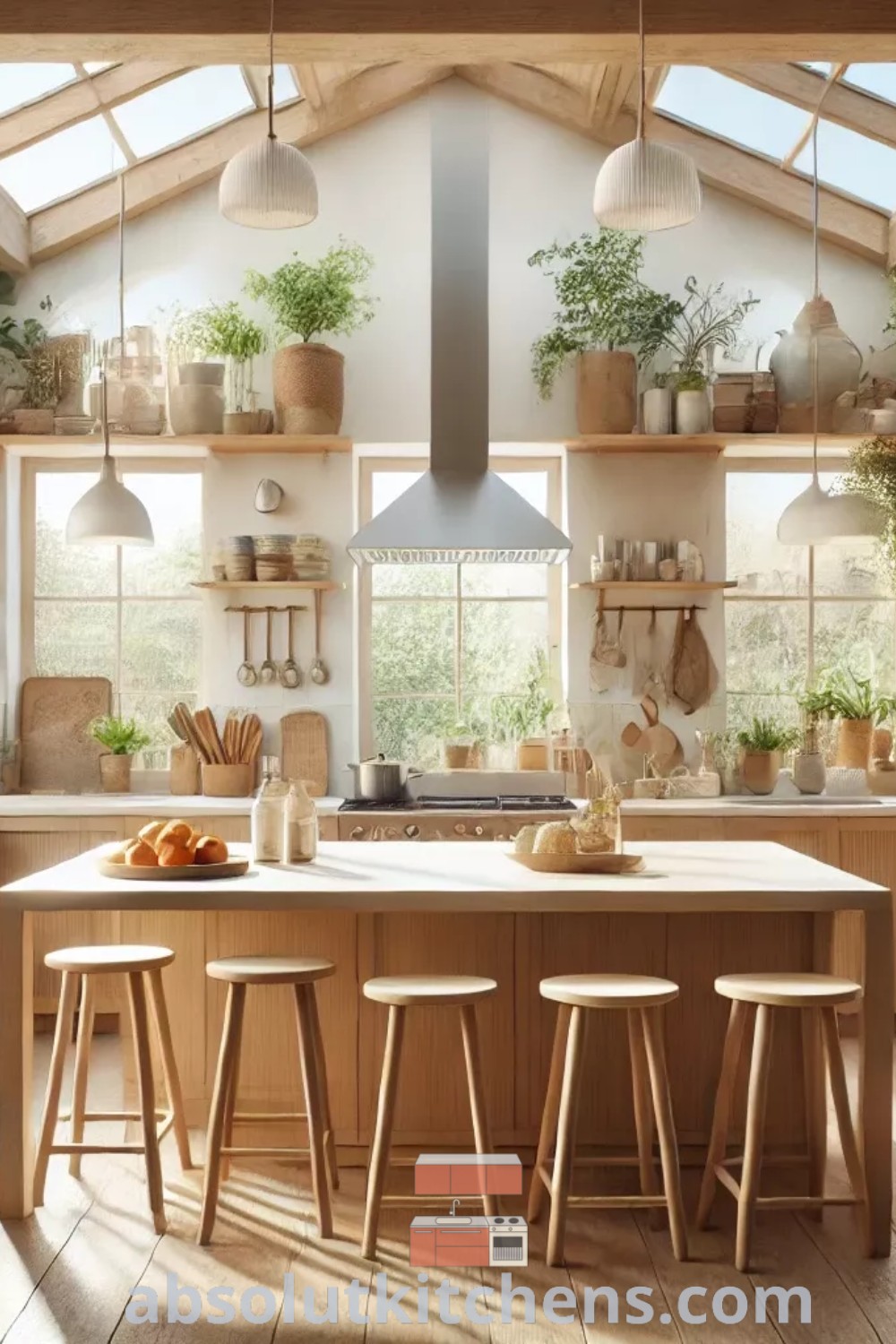A cozy kitchen filled with lots of potted plants on wooden shelves and countertops, showcasing sunlit greenery in a white kitchen style. This inspiring design trends offer decor ideas for small spaces perfect for anyone looking to enhance their home