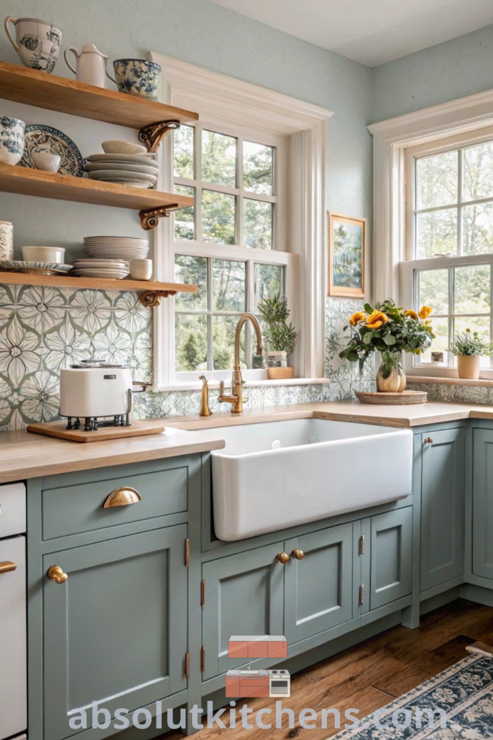 A spacious farmhouse-style kitchen filled with counter space, white sink, and window, showcasing a cozy aesthetic perfect for house or apartment decor. This kitchen features effective design tips and inspiring ideas from absolutkitchens.com for your kitchen interior design and charming kitchen redesign.