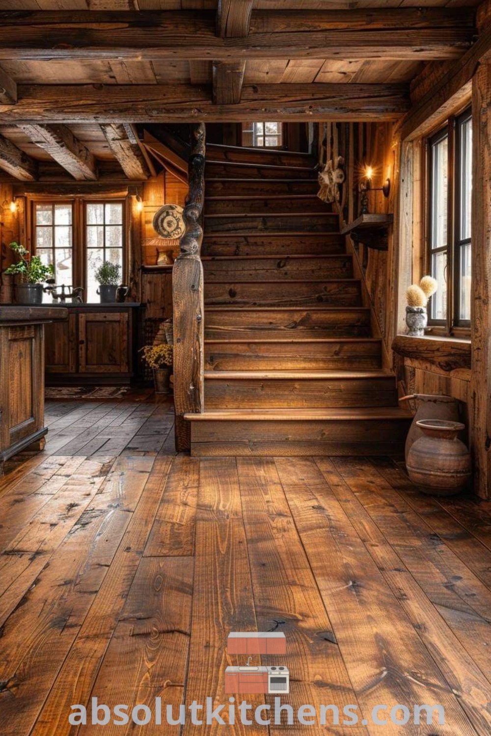 A cozy log cabin interior showcasing wood floors and rustic stairs, perfect for cabin hallway design, barn to house conversion ideas, and French country living inspiration. Discover decor ideas for small spaces at absolutkitchens.com.