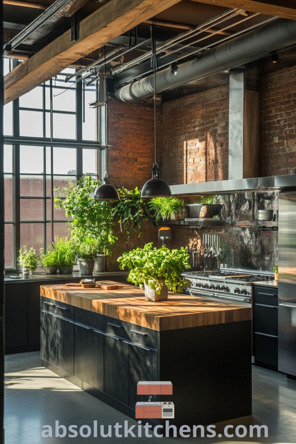 Chic urban loft kitchen design on absolutkitchens.com featuring reclaimed wood island, sleek stainless steel appliances, and cozy loft interior, perfect for urban loft living and inspiring decor ideas for small spaces.