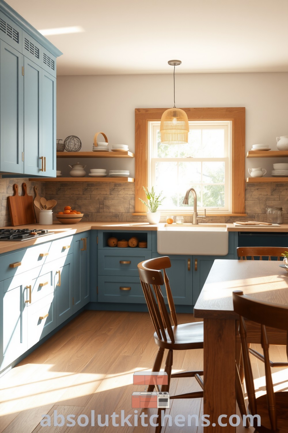 Cozy farmhouse kitchen featuring blue cabinets, natural wood accents, a rustic wooden table with mismatched chairs, and a deep farm sink, creating a warm, inviting atmosphere perfect for culinary creativity and family connection. Visit absolutkitchens.com for inspiring decor ideas.