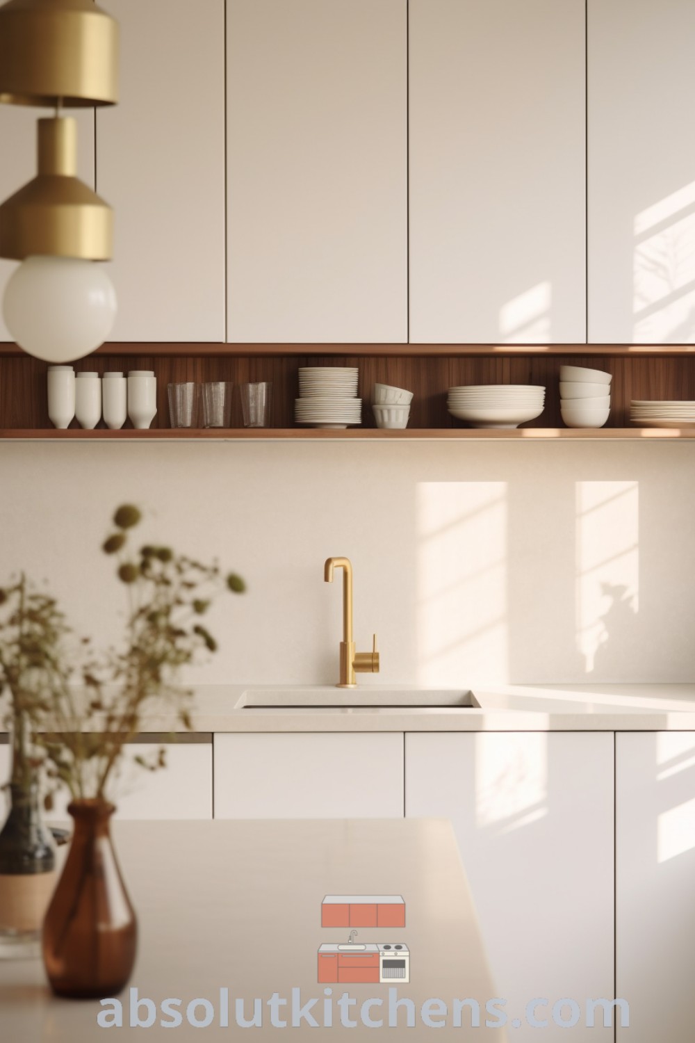 A modern kitchen with white cabinets and a gold faucet alongside a vase of fresh flowers, illustrating elegant interior decorating ideas for cozy home design. This inviting decor offers unique inspirations and practical solutions for creating a beautiful space. More design ideas can be found at wellnesswink.com.