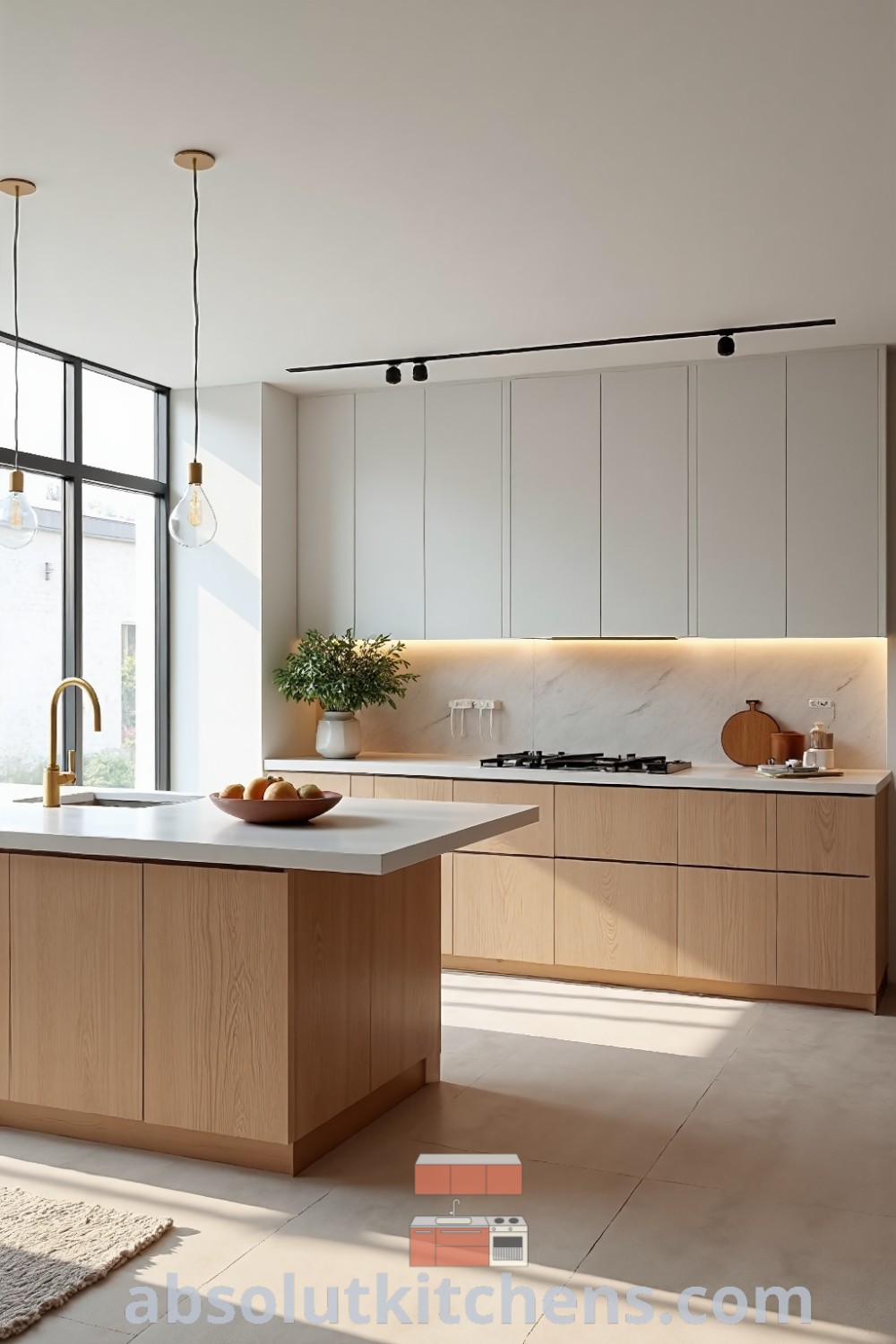 A modern Australian kitchen featuring light hardwood floors, quartz counters, and gold accents. The design includes a waterfall island and integrated appliances, creating an airy atmosphere filled with natural light. This light and bright kitchen offers unique ideas for decor and inspiration. Discover more at wellnesswink.com.