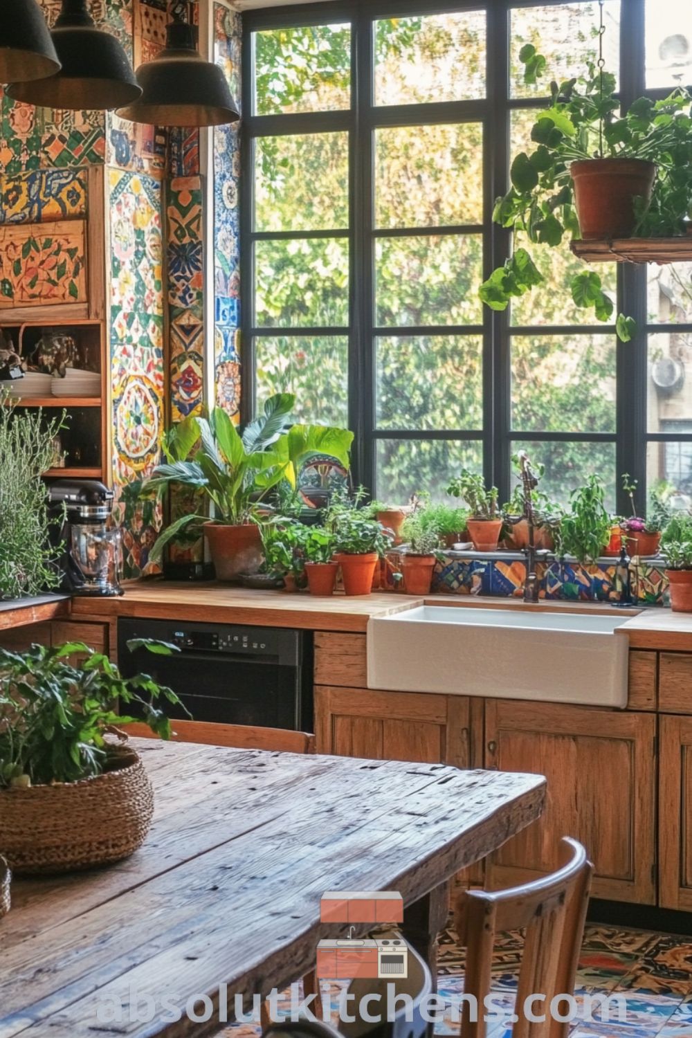 Bohemian kitchen scene on absolutkitchens.com featuring colorful mosaic tile, inviting kitchen decor, and cozy kitchen ideas.