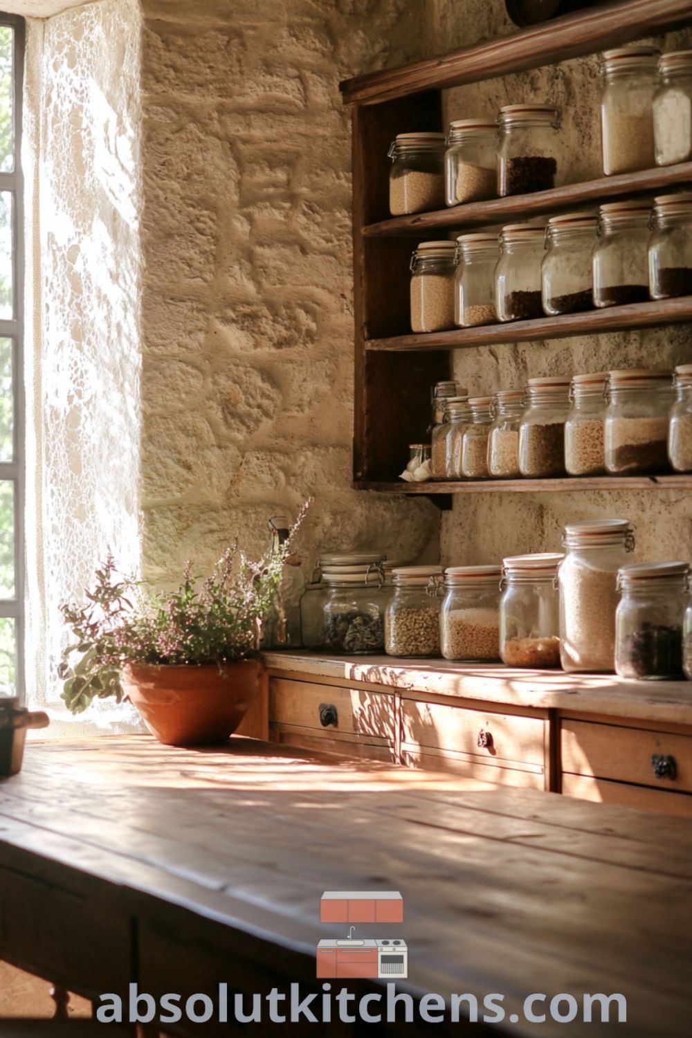 Cozy French country kitchen with soft beige stone walls, weathered oak cabinets filled with herbs, and a large farmhouse table, creating a warm and inviting atmosphere. Visit absolutkitchens.com for more cozy decor ideas and inspirations.
