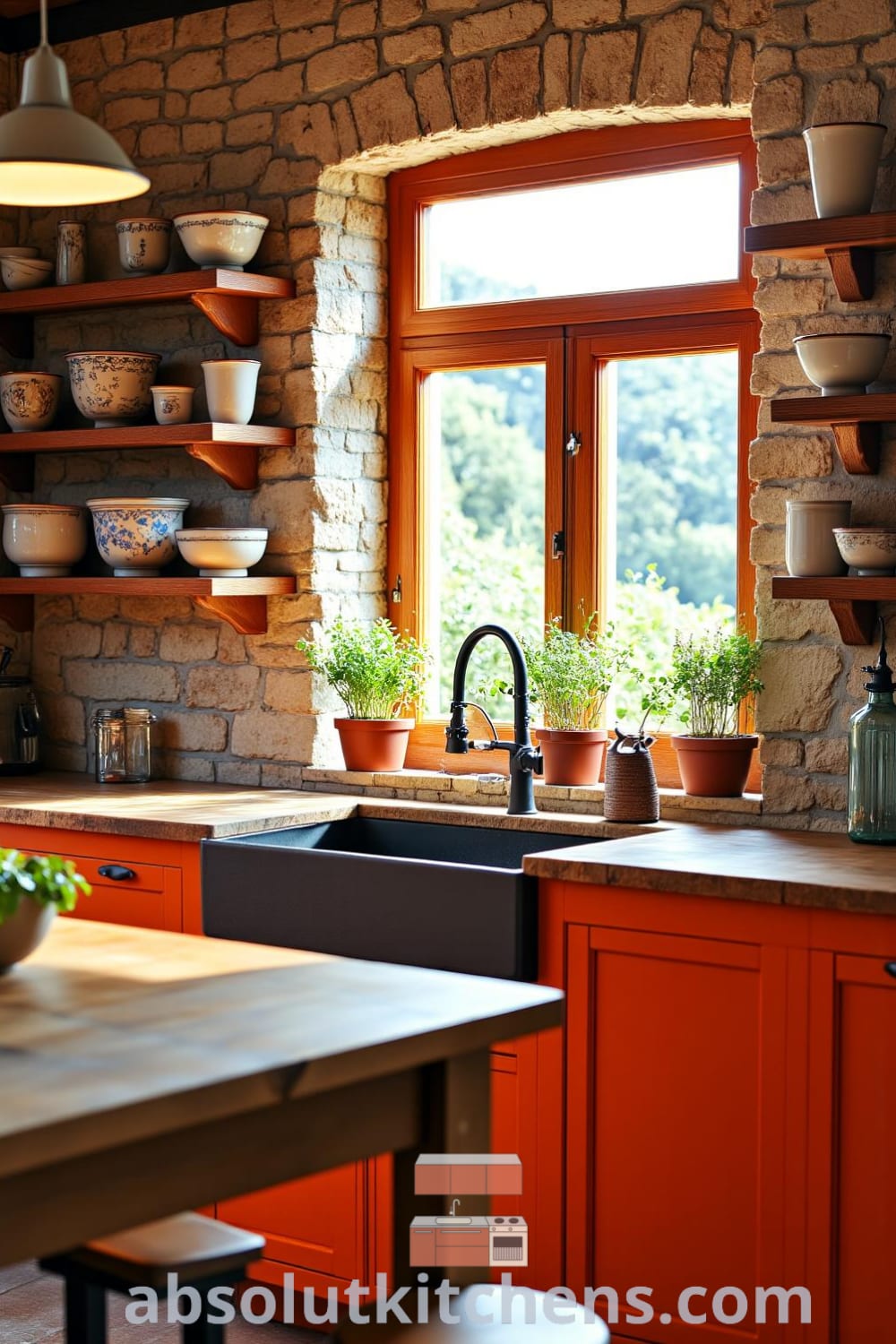 Rustic kitchen with orange tones, warm sunlight, stone walls, wooden shelves with mismatched ceramic bowls, and potted herbs on the windowsill, embodying cozy home decor ideas and inspirations from fireplacesandwoodstoves.com.