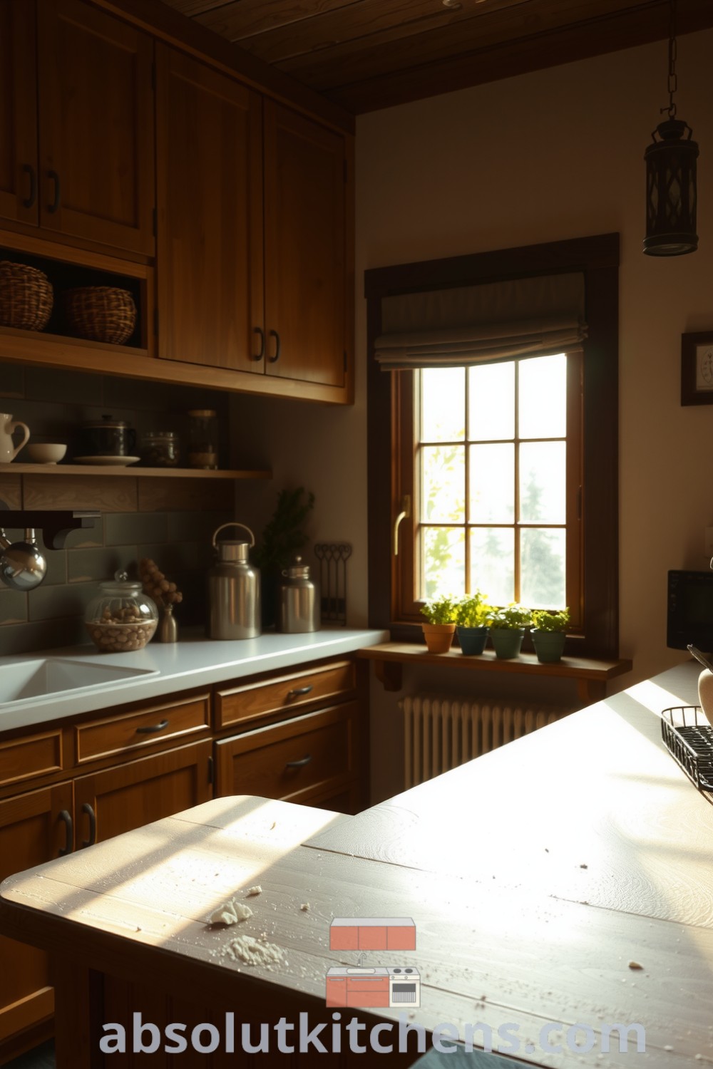 Cozy nature-inspired kitchen featuring warm wooden cabinets, a thick stone countertop scattered with flour and herbs, and sunlight illuminating potted herbs on the sill, creating an inviting and inspiring space for culinary creativity. Website: absolutkitchens.com