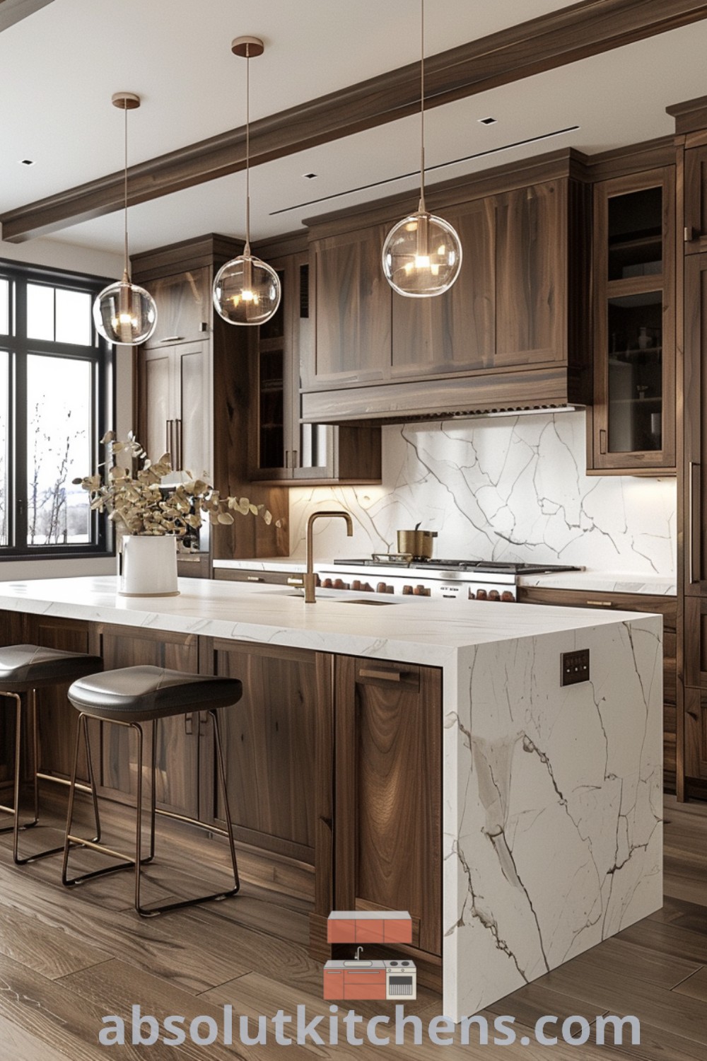 A large kitchen showcasing marble countertops and dark wood cabinets, highlighting inspiring dark wood kitchens ideas. The space is complemented by two bar stools, perfectly merging style and function to create a cozy aesthetic. Explore more design trends for your home at absolutkitchens.com.