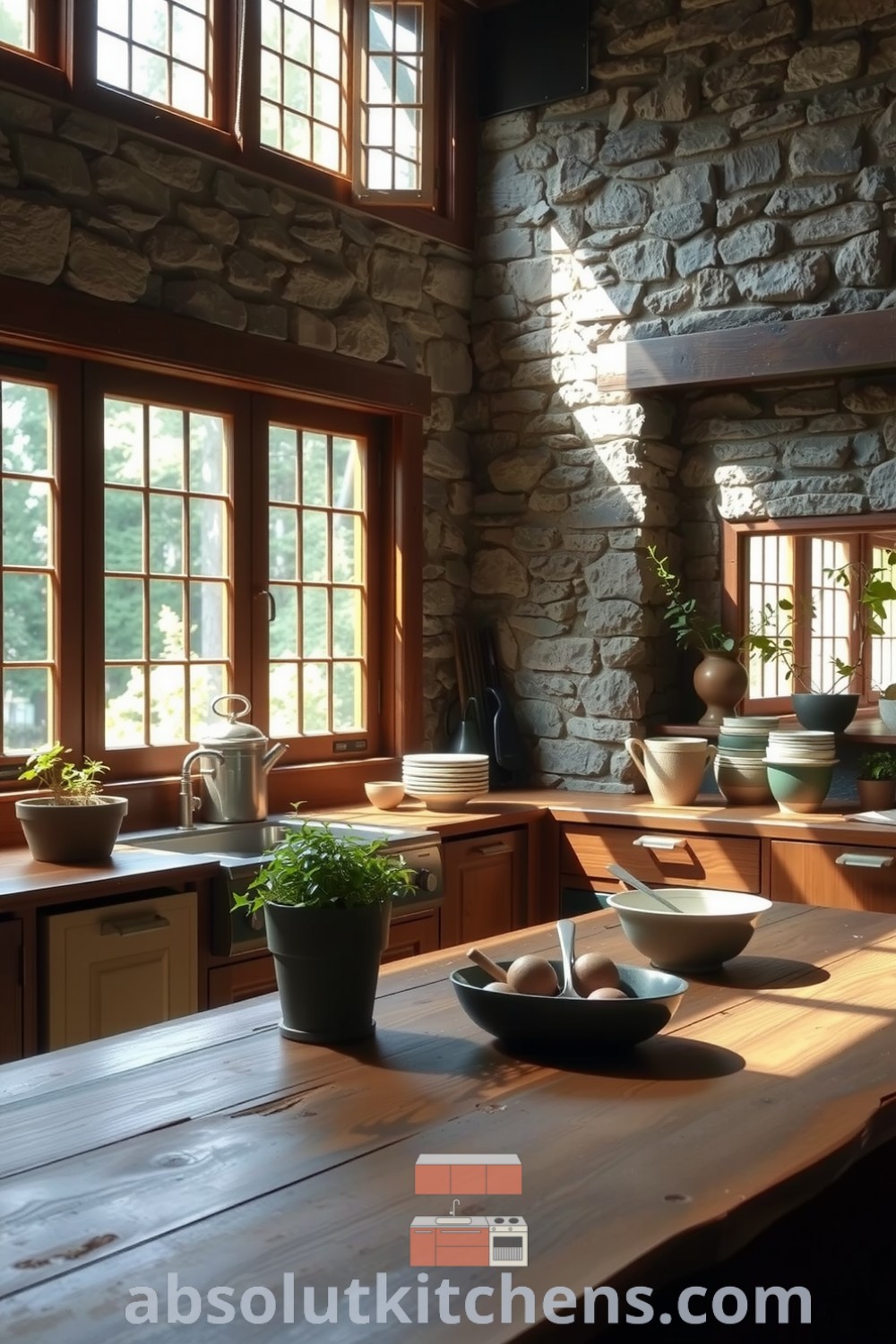 Cozy nature-inspired kitchen with rich shades of green and earth tones, featuring rough stone walls, wooden cabinetry, fresh herbs on the sill, and handmade ceramic dishes, creating a warm and inviting atmosphere perfect for inspiring culinary creativity. Visit absolutkitchens.com for more cozy ideas.