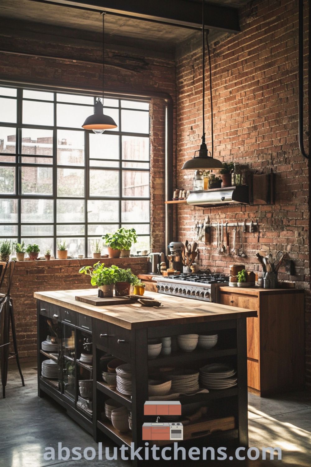 Loft kitchen design on absolutkitchens.com featuring exposed brick walls, reclaimed wood island, cozy aesthetic, and decor ideas for small spaces.