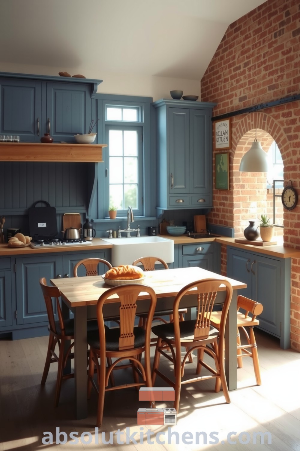 Cozy blue farmhouse kitchen featuring weathered wooden cabinets, exposed brick walls, and a rustic farmhouse sink, illuminated by sunlight, creating an inviting and warm atmosphere ideal for family gatherings. Visit absolutkitchens.com for more decor ideas and inspirations.